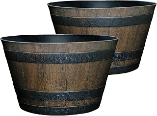 Classic Home & Garden Whiskey Barrel Resin Planters, Walnut Brown 20.5" Set of 2 - UV Protected Outdoor Flower Pots