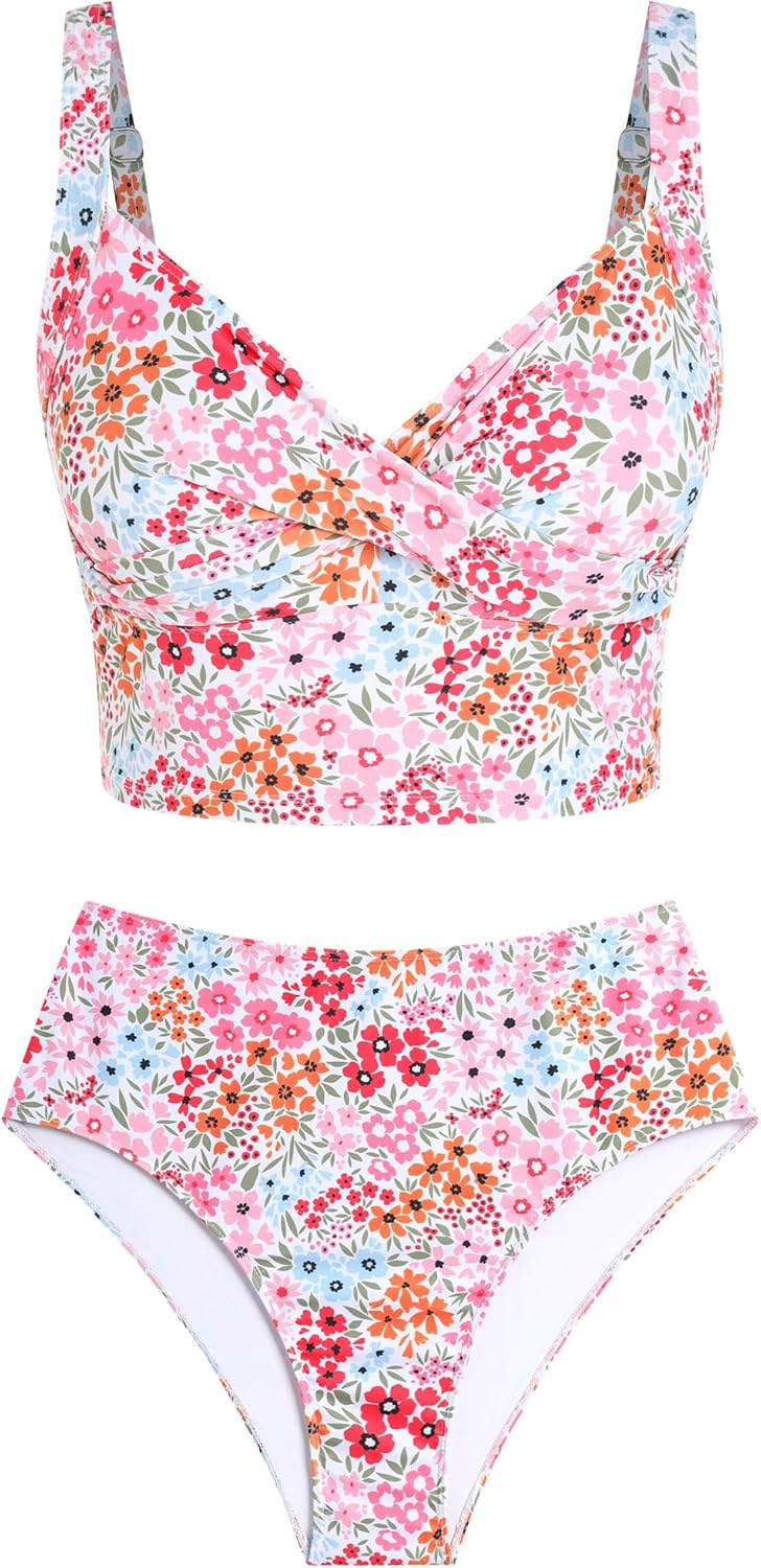 ZAFUL Two Piece Tankini Swimsuits for Women Cute Bathing Suit Twist Front Cropped Swim Tank Top with High Waisted Bottom