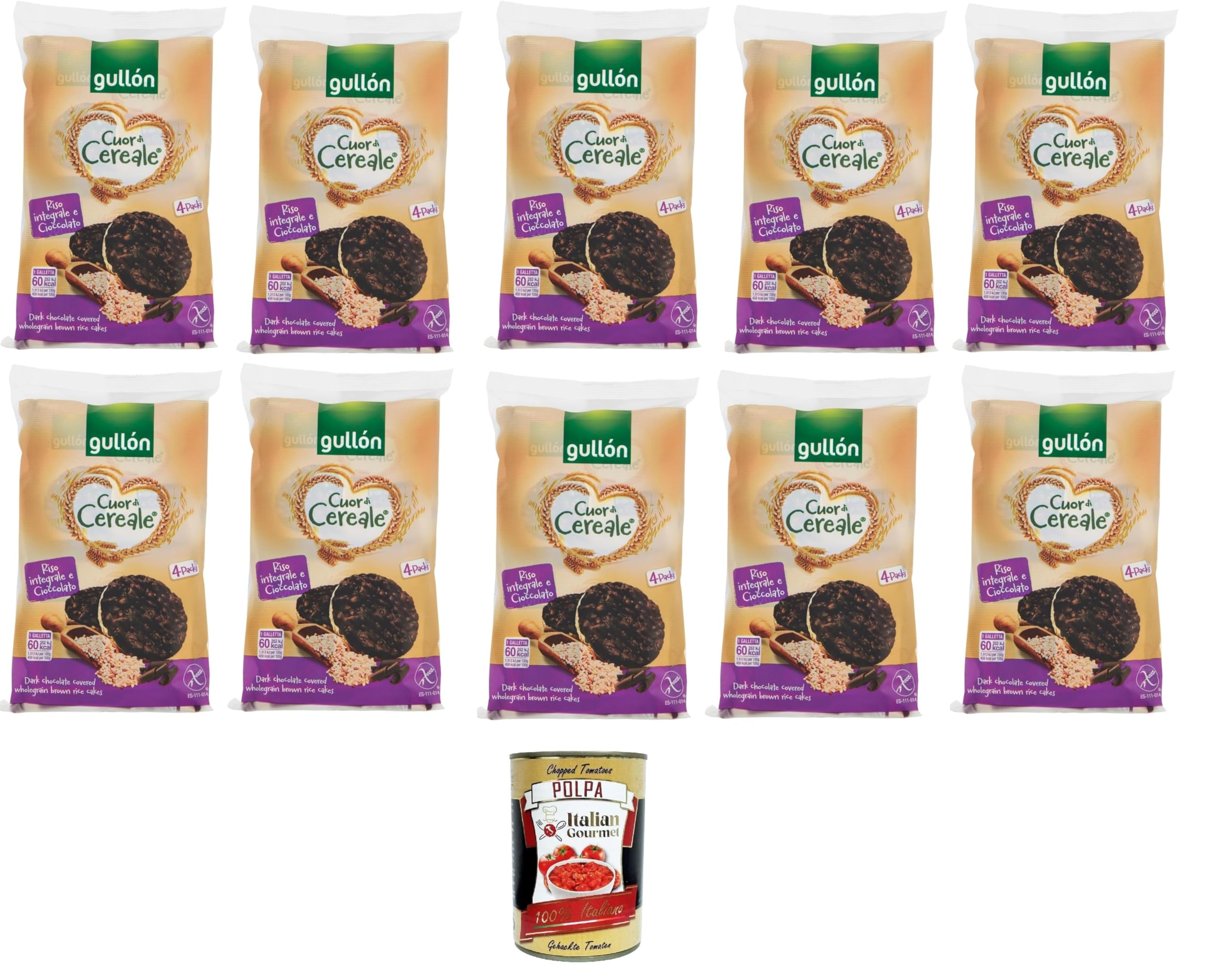 Gullon Cuor di Cereale Gallette di Riso Integrale Ricoperte di Cioccolato Fondente Cuor di Cereal braune Reiskuchen, überzogen mit dunkler Schokolade, 10x105,2 g + Italian Gourmet polpa 400g