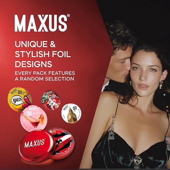 MAXUS Ultra-Thin, 50 Lubricated Condoms for Men, Regular Fit, Natural Latex, Easy-On Shape, Premium Quality, Includes Stylish Metal Case, Pack of 50