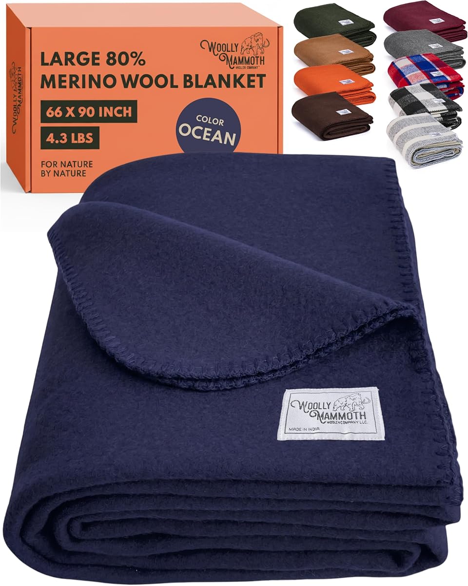 Woolly Mammoth Merino Wool Blanket, Washable Outdoor Throw Blanket, 66"x90" | Military Style Camping Blankets for Sleeping - Bushcraft, Car, Backpacking, Stadium, Camp Blanket - Survival Gear - Ocean