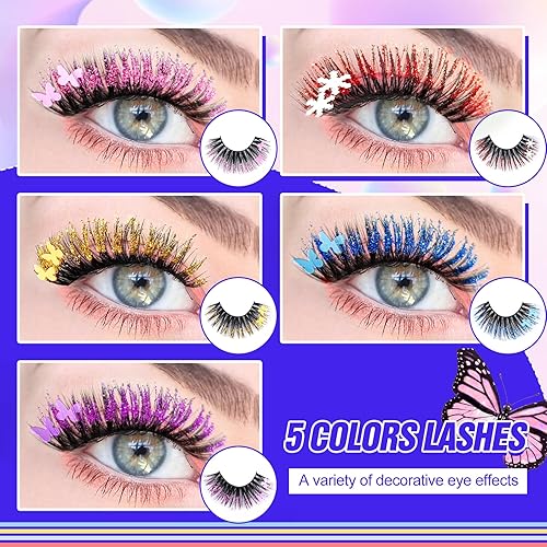 Miniatura 2 de Pestañas postizas esponjosas de visón con purpurina, 5 pestañas de colores mixtos, para Halloween, Navidad, pestañas dramáticas, paquete de 5 pares