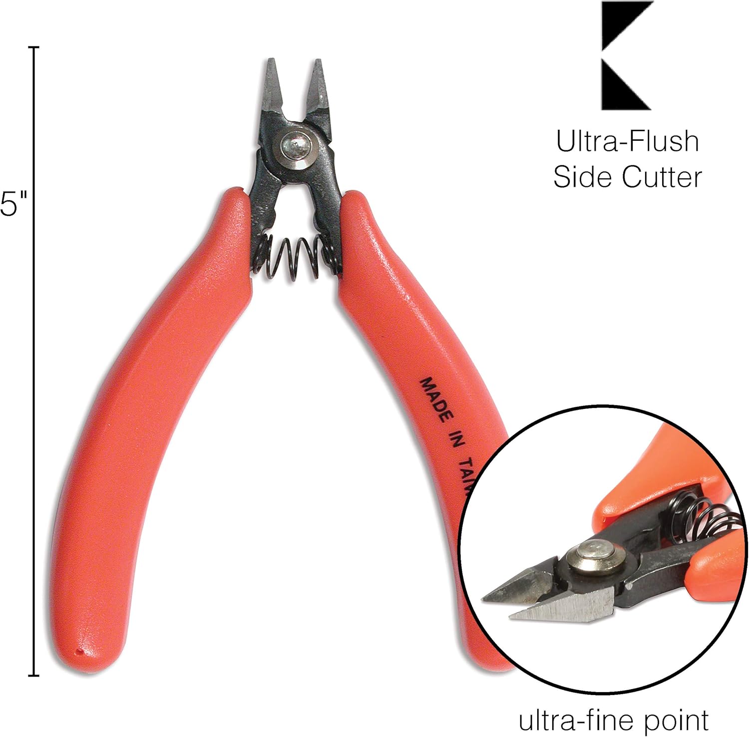 The Beadsmith Ultra Flush Cutter, 5 inches (127mm) with steel blades, orange comfort grip handle with return spring, tool for jewelry making, electronics or micro mechanics
