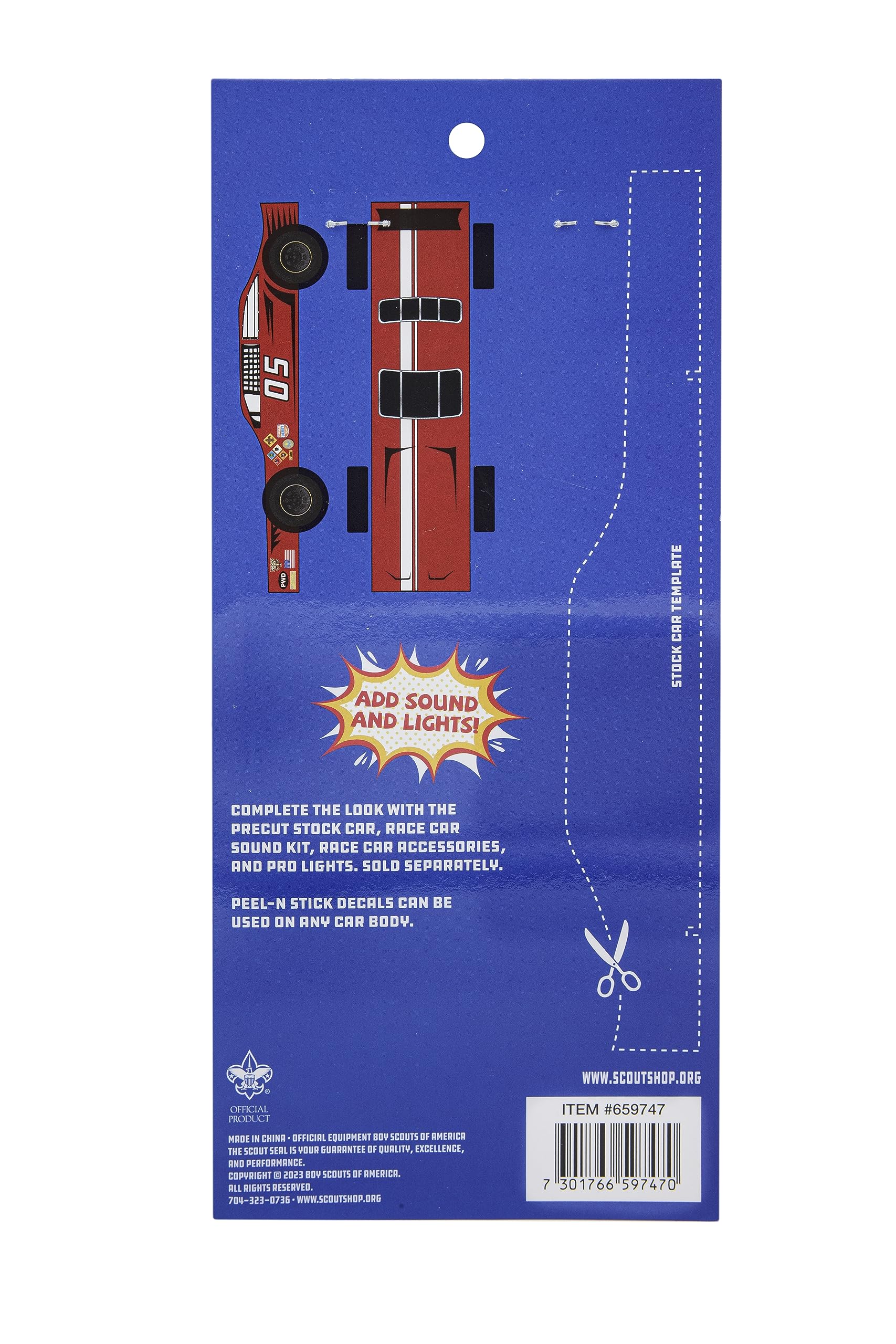 BSA Pinewood Derby Car Peel N' Stick Decal Sticker - Stock Car Boy Scouts of America