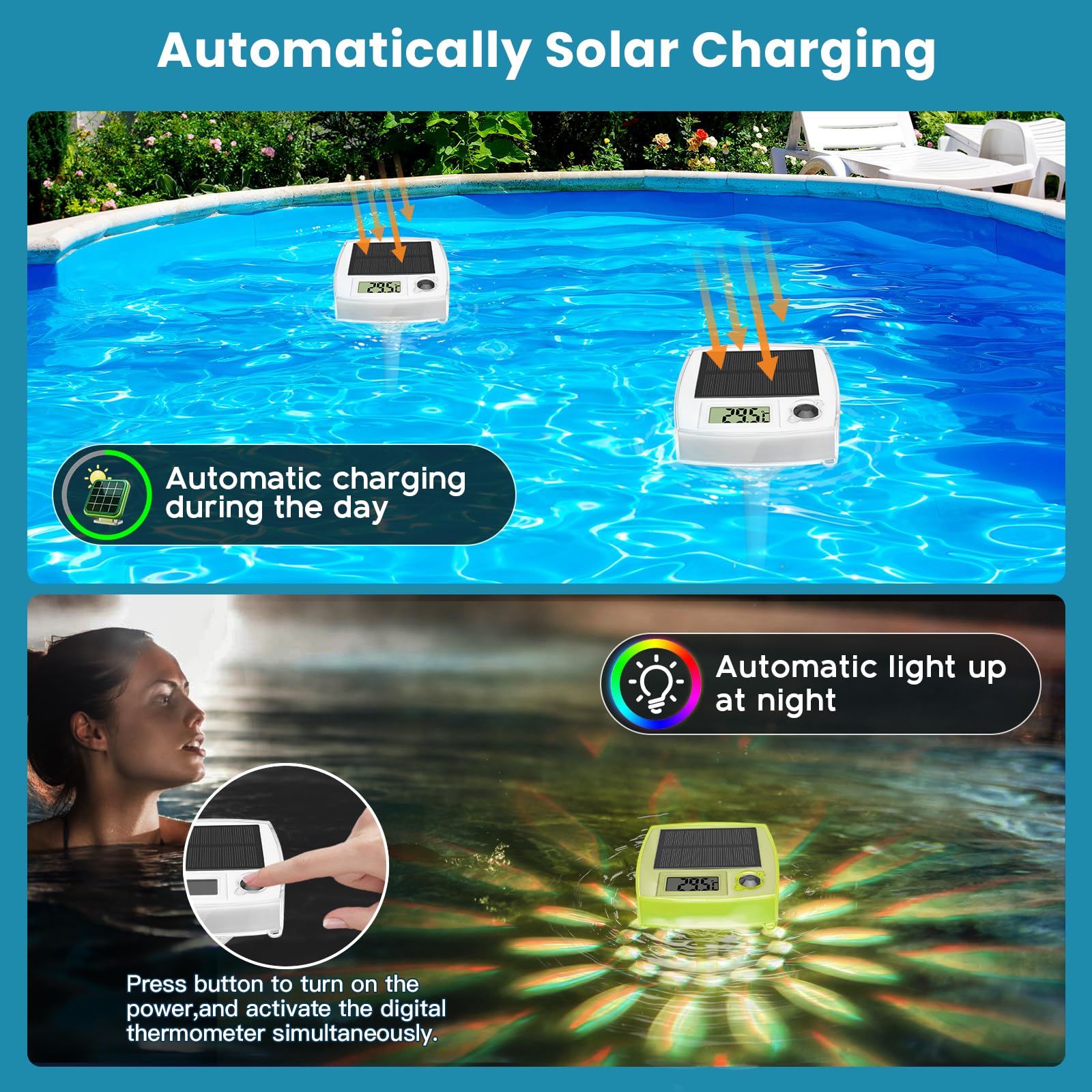 Termómetro Piscina Flotante Solar, iluminación de piscina con 8 modos LED, Termómetro digital fácil Lectura, Luz Solar Piscina IP68 impermeable, para estanque de jardín, Spa, bañeras, Acuarios