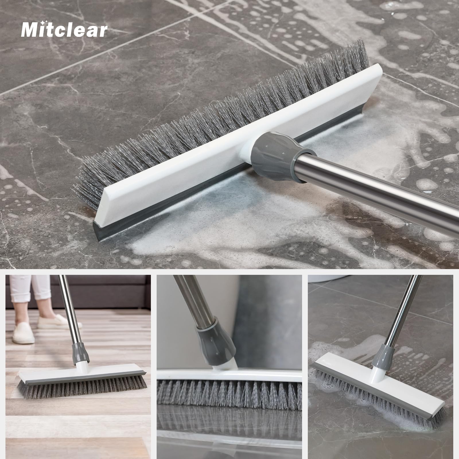 Mitclear Szczotka do Szorowania Podłóg z Długim Uchwytem(128cm), Szczotka do Szorowania 2 w 1 ze Sztywnym Włosiem i Ściągaczką do Szorowania Podłóg w Kuchni, Łazience, Tarasie, Patio, Garażu