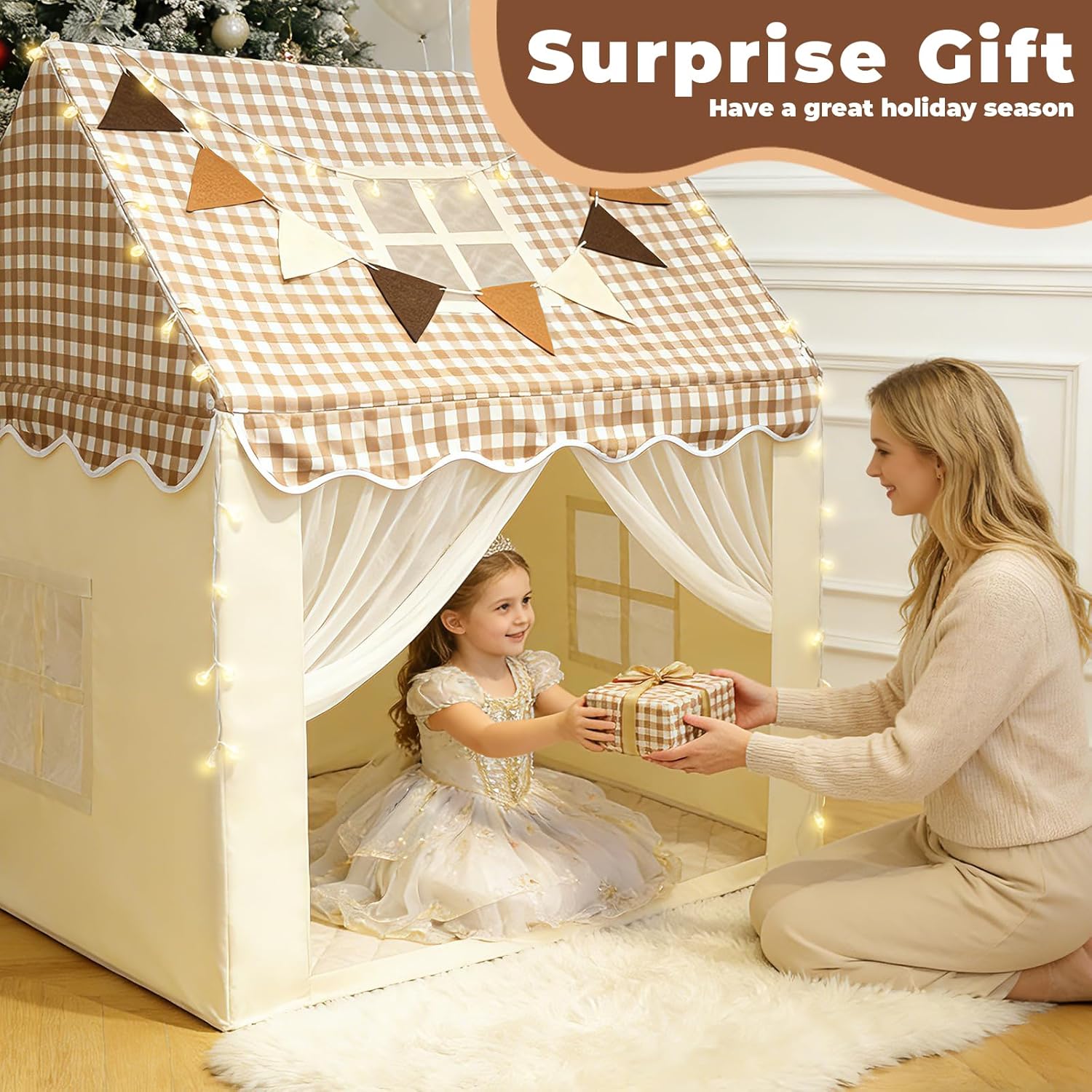 Playhouse for Indoor & Outdoor, with Star Light, Flags and Carry Bag, Washable Kids Tent for Girls & Boys (Lattice Top) - Image 6