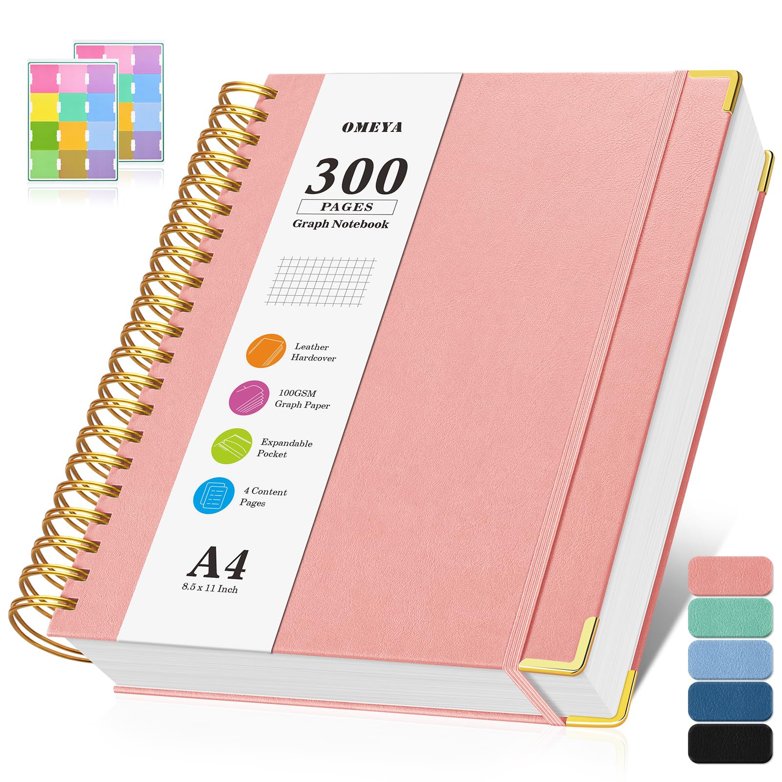 Carnet à graphique OMEYA, carnet à spirale à grille 21,6 cm x 27,9 cm, journal à couverture rigide en cuir 300 pages, carnet à grille épais de 100 g/m², grand journal graphique A5 pour femmes et