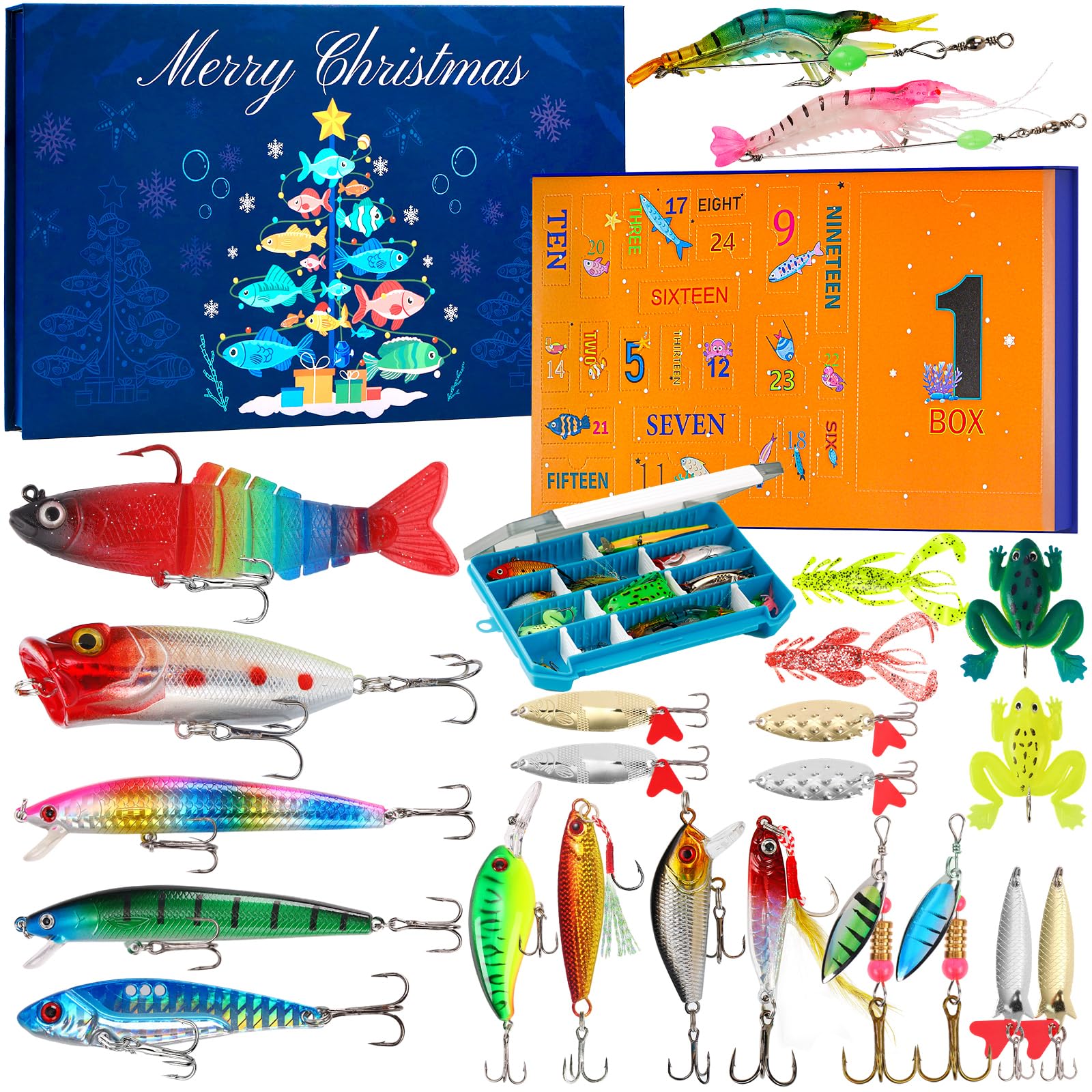 Calendario de Adviento de pesca 2024 para hombres y niños, 24 días de Navidad, señuelo de pesca con caja de aparejos, calendario de Adviento para pescador, padre, abuelo, hermano, regalos de pesca
