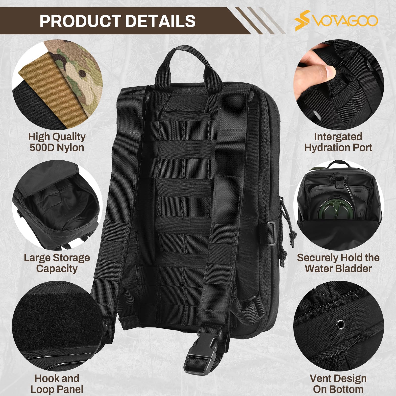Sac à dos d'hydratation tactique Molle (poche à eau non incluse) - Pour réservoir d'eau de 2 l - Gilet - Sac à dos pour randonnée en plein air