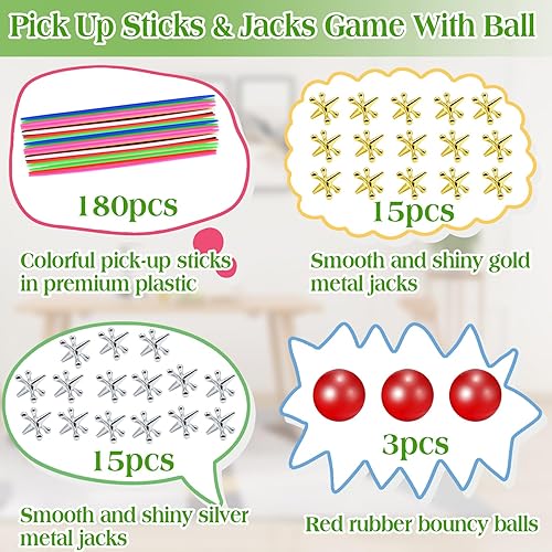 Miniatura 3 de ZeeDix Juego de 180 palos de recogida con 3 juegos de gatos de metal retro, incluye 3 bolas de goma rojas y 30 gatos de metal dorado y plateado,