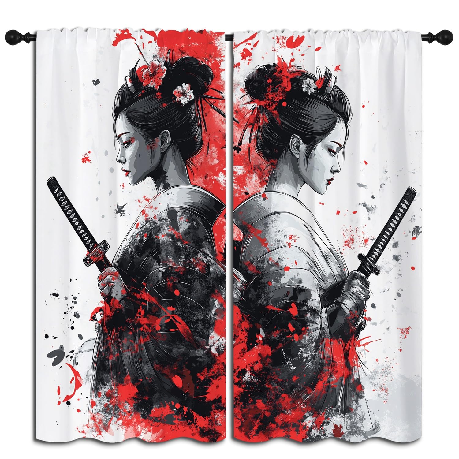 Japanese Female Samurai Boy Girls Blackout Curtains,Asian TraditionalStyle Anime Watercolor Art, 2 Panel Rod Pocket Thermal Insulated Drapes for