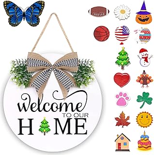 Interchangeable Welcome Sign for Front Door - Solid Wooden Welcome Wreat...