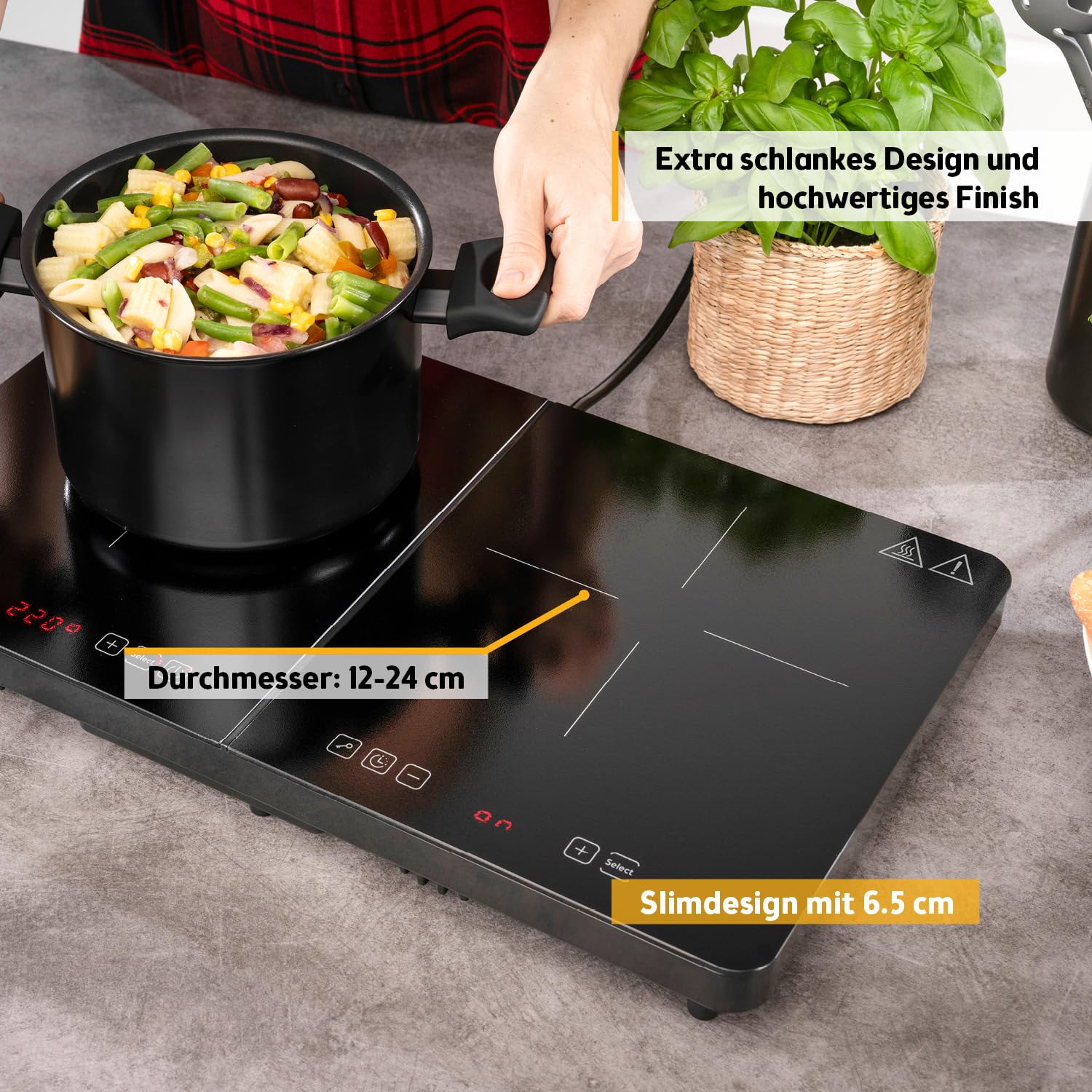 TZS First Austria - Induktionskochplatte doppelt - 3500W - 2er Glaskeramik-Herdplatte - 10 Leistungsstufen, Timer, Kindersicherung, LED-Display, Touch-Bedienung, Überhitzungsschutz - Camping, mobil