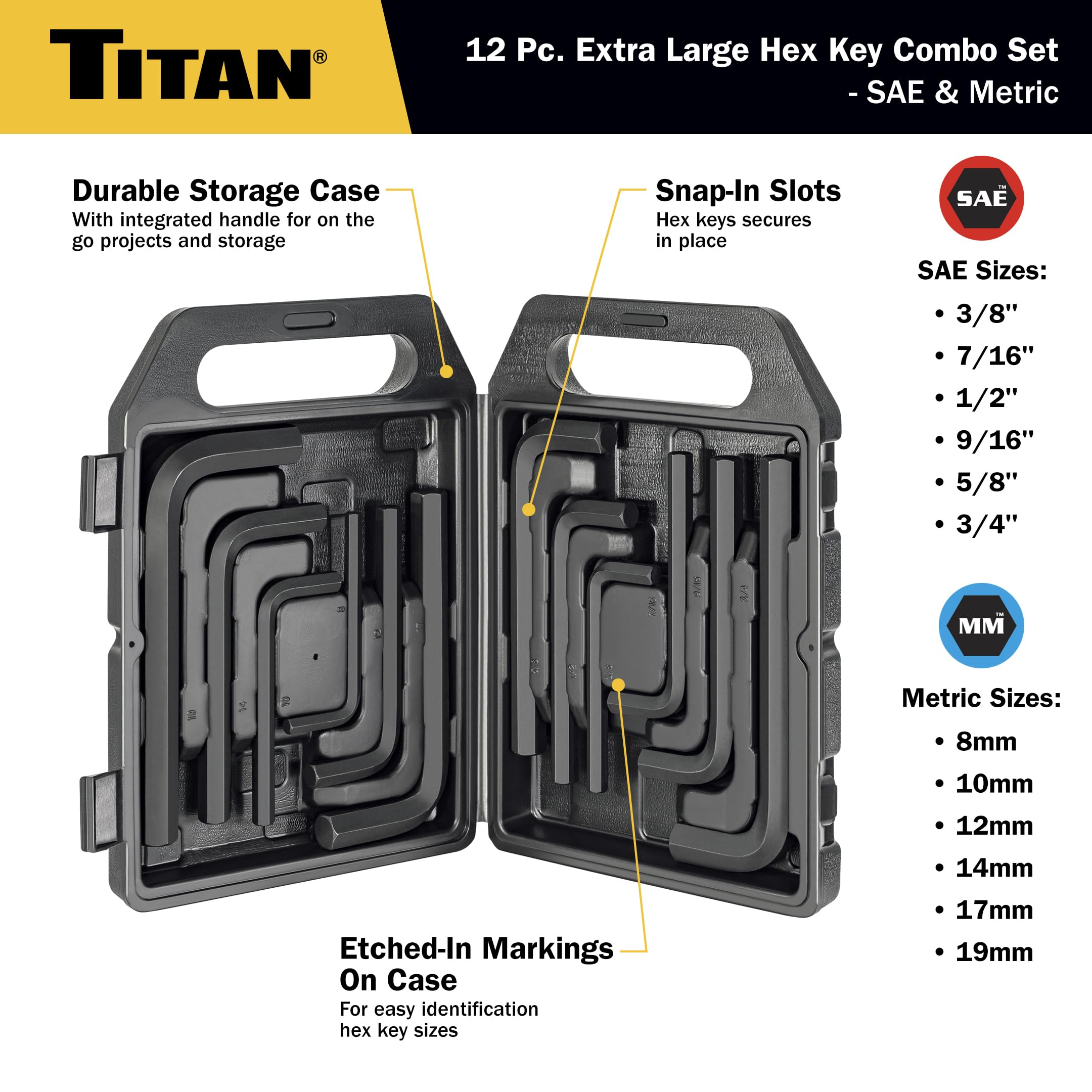 Titan 12775 Jeu de 12 clés hexagonales SAE et métriques Jumbo