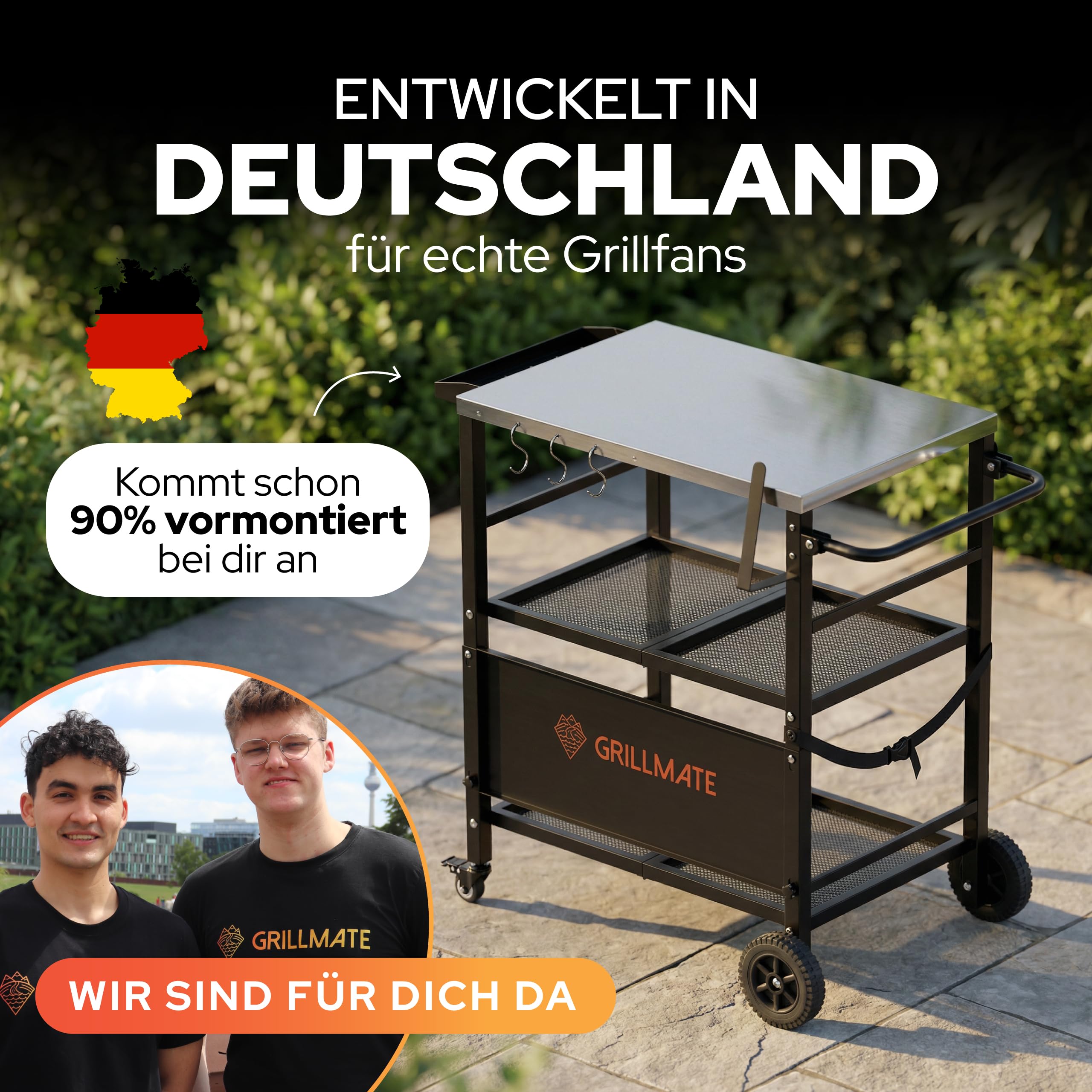 GRILLMATE Grilltisch Outdoor Wetterfest Klappbar | Grillwagen, Servierwagen, Tisch für Weber Grill, Gasgrill, Pizzaofen | Beistelltisch für Balkon Rostresistent, Portabel | JETZT NEU (Edelstahl)