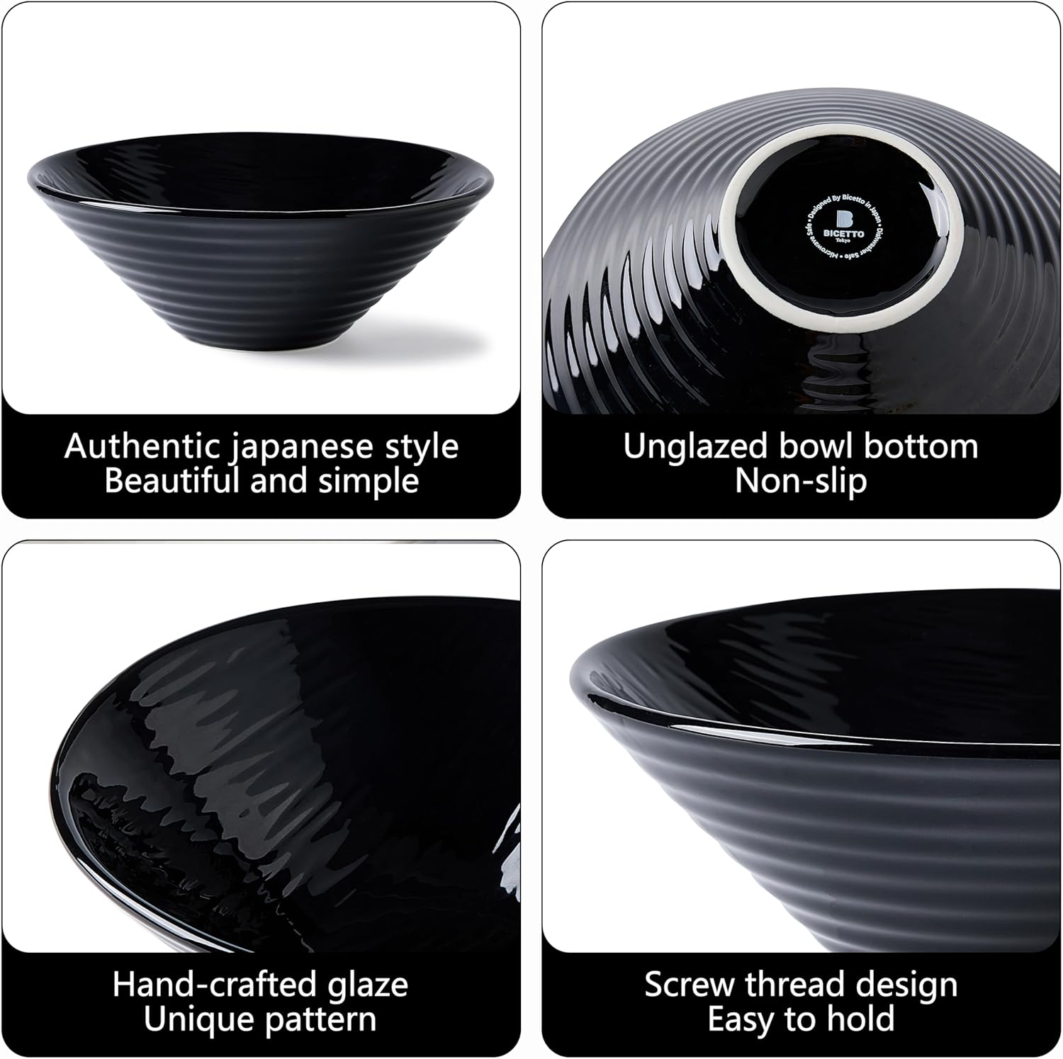 BICETTO Premium Porcelain Ramen Bowl Set 52oz, 8.5inch - Durable & Stylish - Perfect for Ramen, Pho, Soup, Salad, and Noodles - Microwave & Dishwasher Safe - Elegant, Lightweight, Ebony Grace