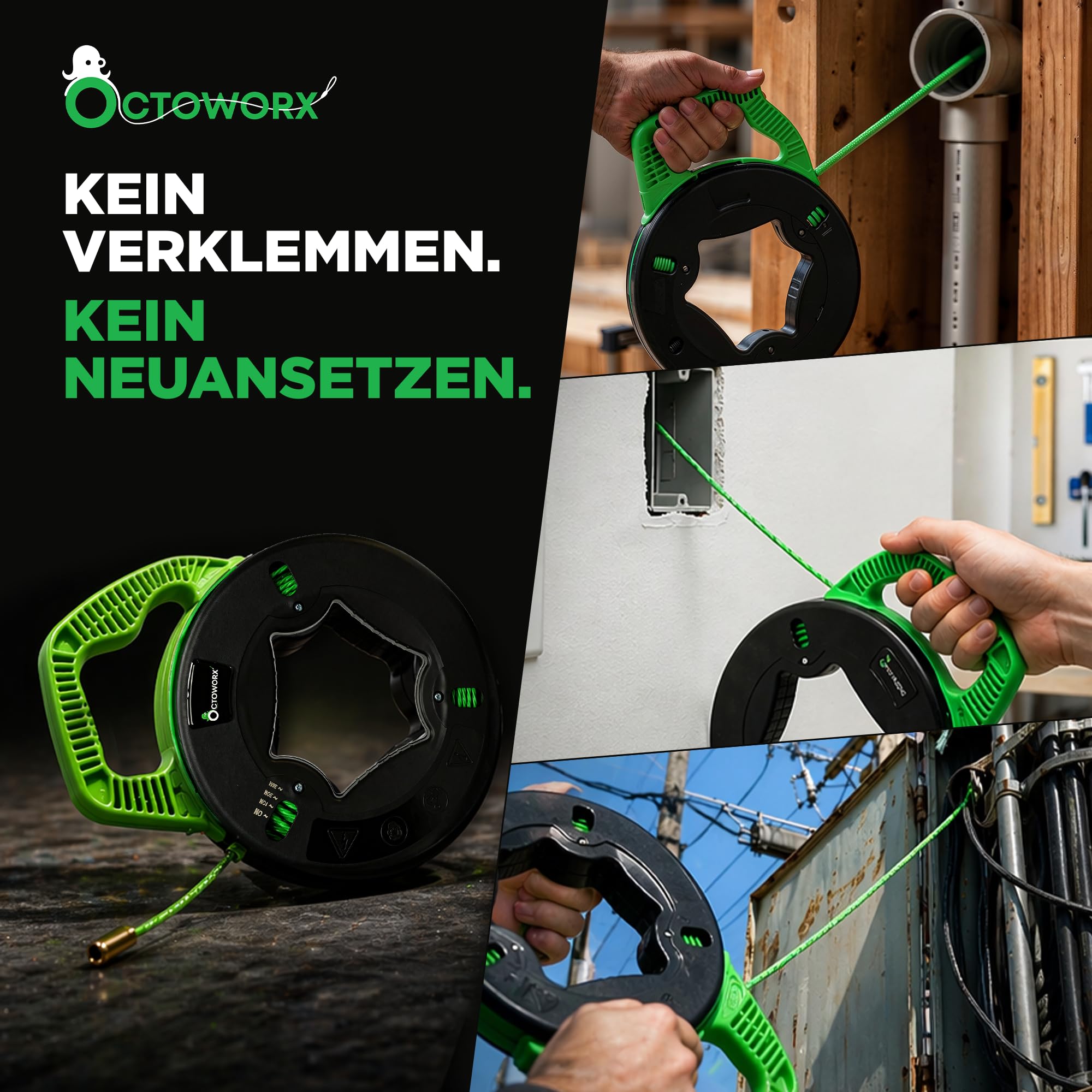 Kabeleinziehhilfe 30m mit Kabelziehgriff & 8 Adaptern | Einziehhilfe für Leerrohre, Elektro & Glasfaser – Zugdraht, Einziehband, Einziehspirale, PET-Kabel Ø4,5mm
