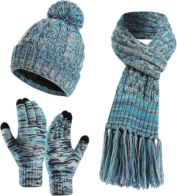 YOUNGSOUL Womens Bobble Hat Scarf and Gloves Set Fleece Lined Beanie Touchscreen Gloves Scarf with Tassel