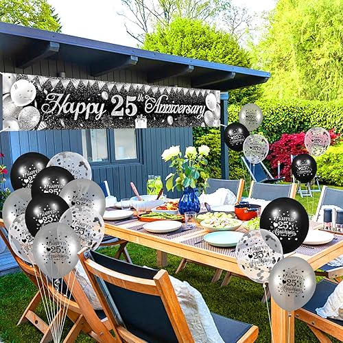 Miniatura 2 de Decoraciones de aniversario de boda con el número 25, pancarta de feliz aniversario del 25 aniversario y 18 globos plateados de aniversario de boda