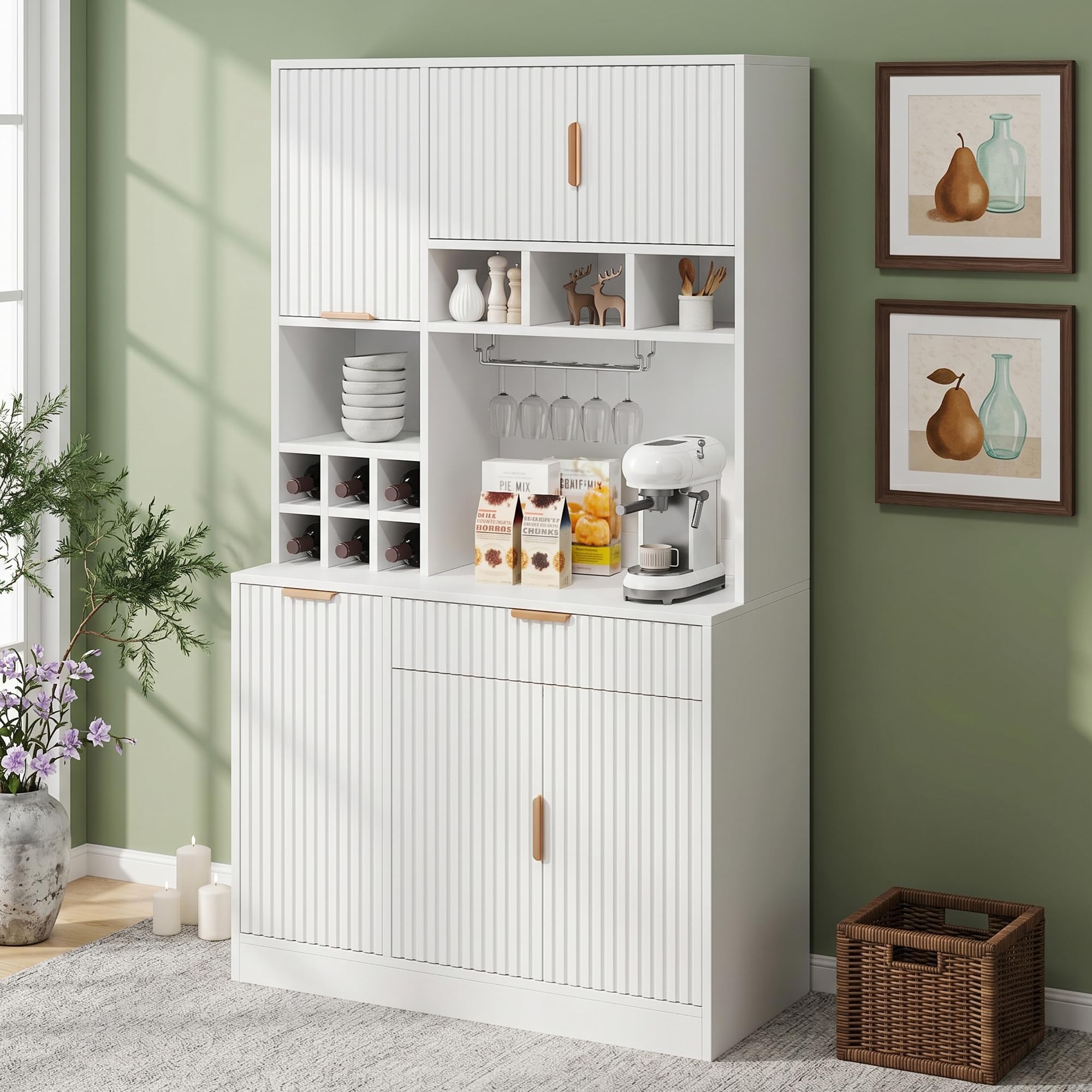 Armadietto alto per buffet, sala da pranzo, 100 x 40 x 175 cm, multilivello, ripiano per bicchieri da vino, portabottiglie, bianco