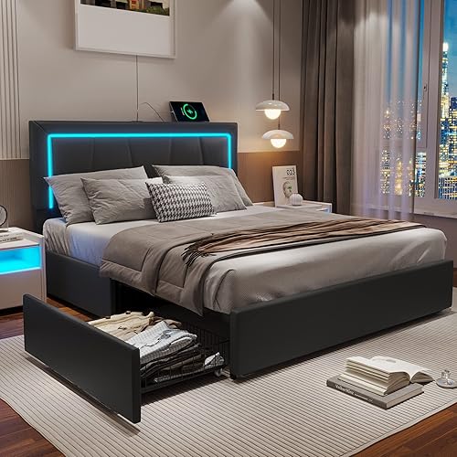 Miniatura 8 de Hasuit Base de cama Queen con 4 cajones de almacenamiento debajo, plataforma tapizada tamaño Queen con cabecera de cuero artificial, cama moderna
