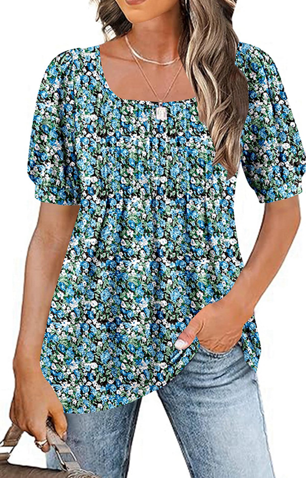 Naivikid 2025 Women's Puff Short Sleeve Tunic Tops Pleated Crew Neck Blouses Dressy Casual Loose Summer T-Shirts S-XXL