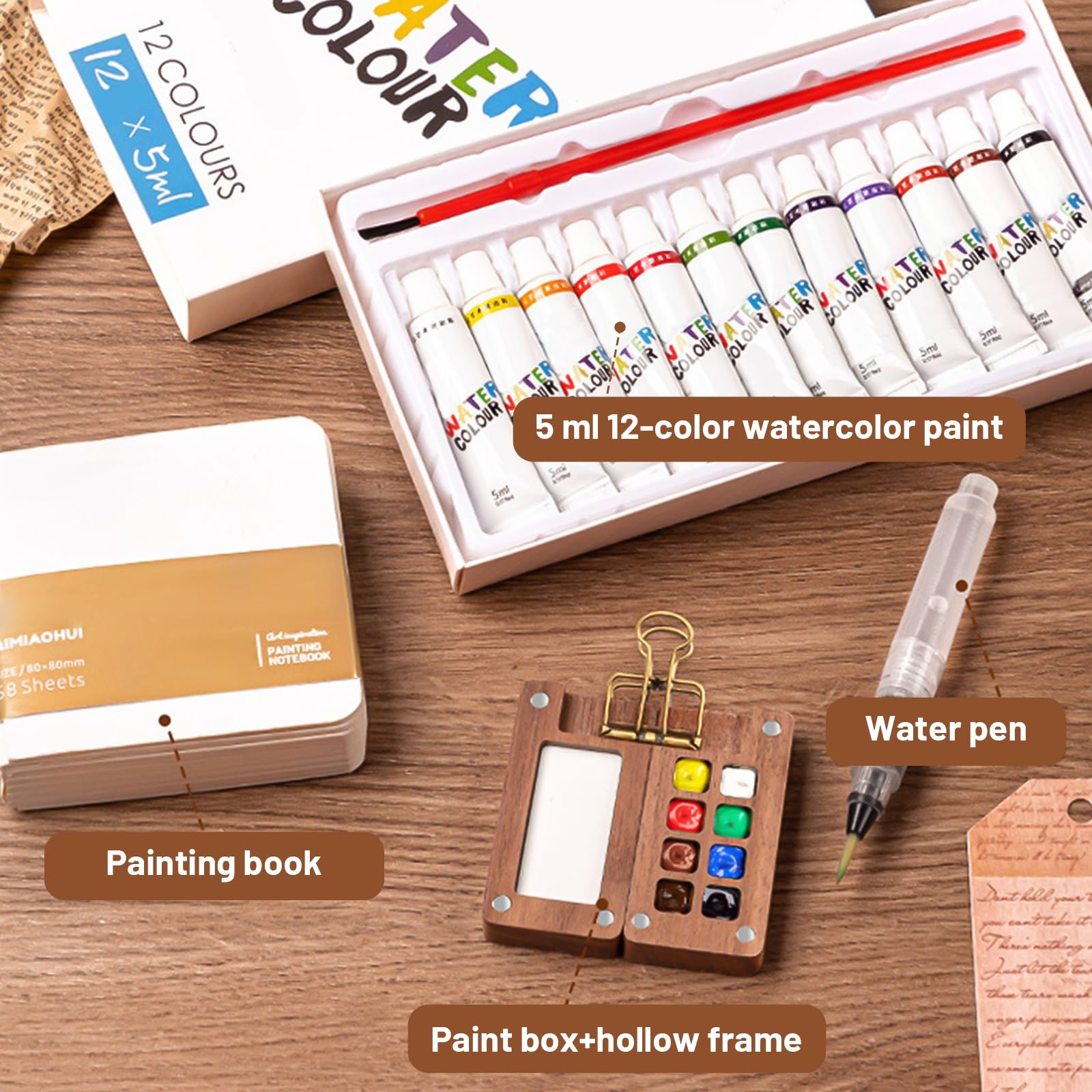 Esoes Travel Watercolor Palette Set, 12 Colors Mini Painting Kit, Pocket Watercolor Set with 8 Grids Wooden Watercolor Paint Box, Watercolor Sketch Book, 3 Brush Pens and a Clip for Artists Students