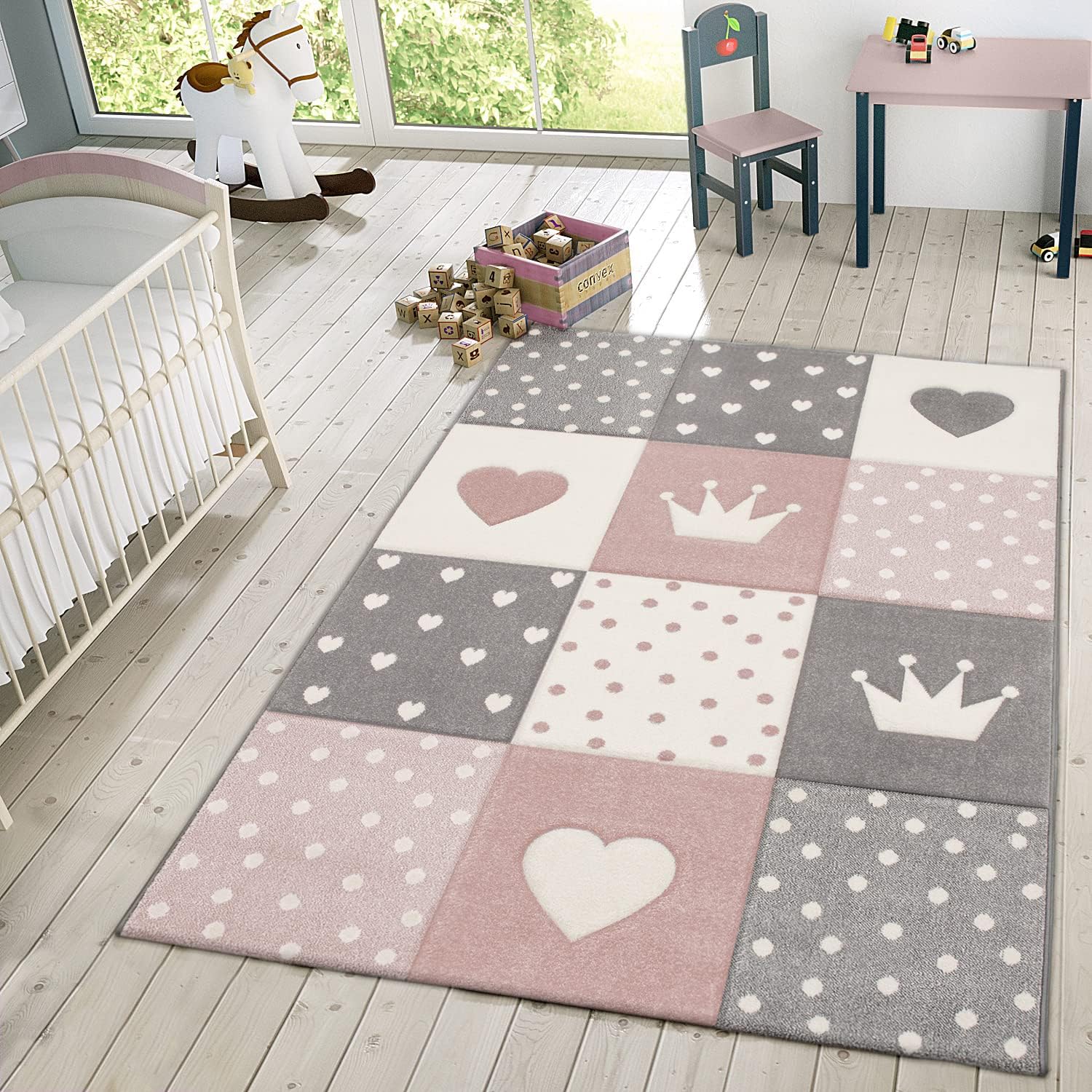 TT Home Kinderteppich 160x230cm - Pink Mit 3D Punkten & Herzen Für Mädchen