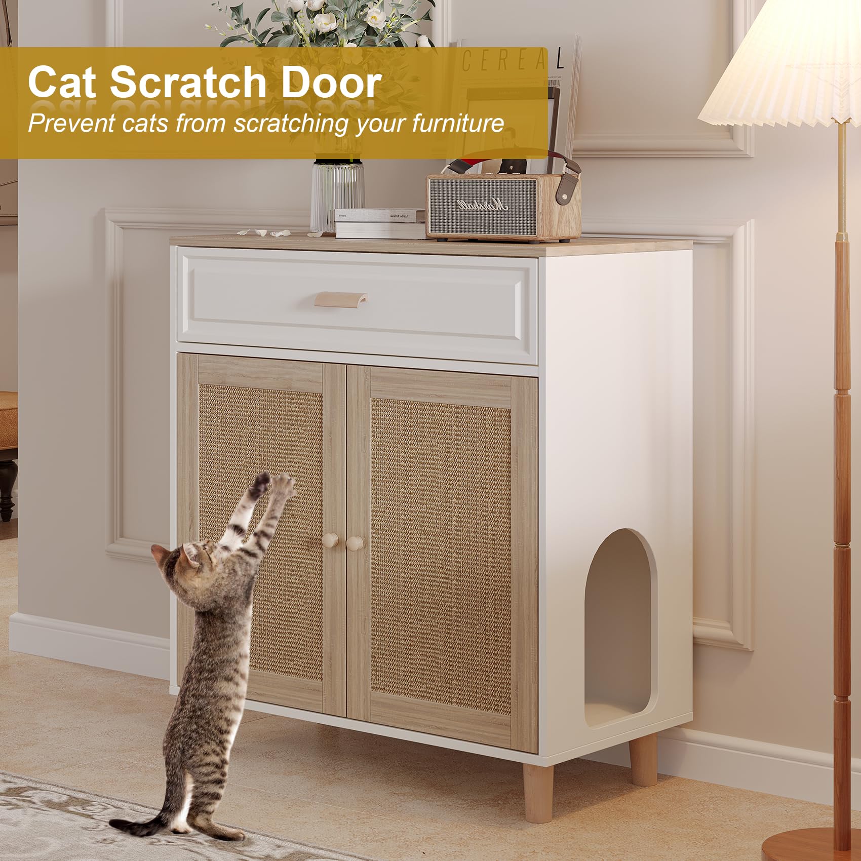 Cat Litter Box Enclosure Furniture Hidden Indoor 2-in-1 Wooden Cat House & Washroom Cabinet with Scratching Board Doors and Drawer, 31.5"x15.7"x34.6"H