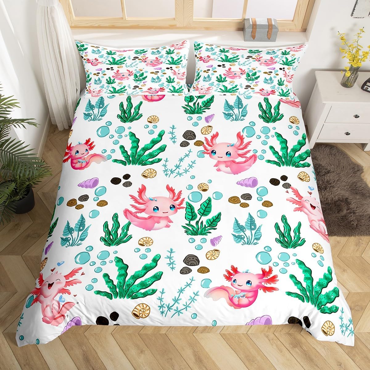 Cute Axolotl Bedding Duvet Cover Set Kids Cartoon Salamander Bedding Set Girls Decor Water Plant Comforter Cover Set Sea Creature Underwater World Pink Bedspread Cover Quilt Cover 3Pcs Queen Size