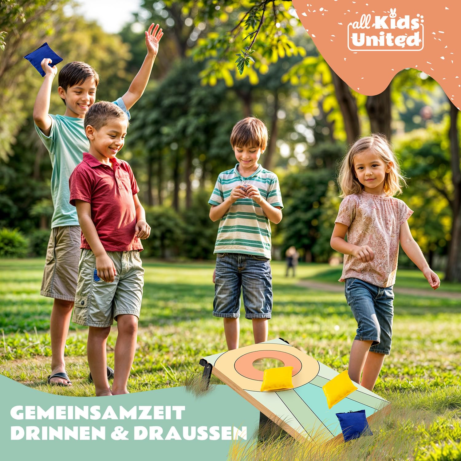 all Kids United® Mini Cornhole-Spiel für Kinder; Indoor & Outdoor Geschicklichkeitsspiel mit Sandsäckchen; Perfekt für Kinderzimmer, Garten und Partys – Fördert Zielgenauigkeit & Spielspaß