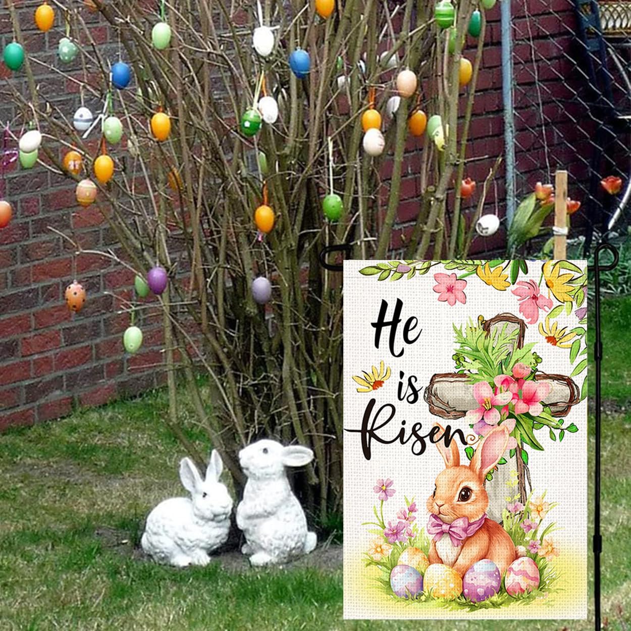 LosFong He Is Risen Christian Easter Garden Flag 12x18 Inch Double Sided Easter Eggs Bunny Cross Floral Small Garden Flags, Lawn Yard Flag for Outdoor Decoration - Image 5
