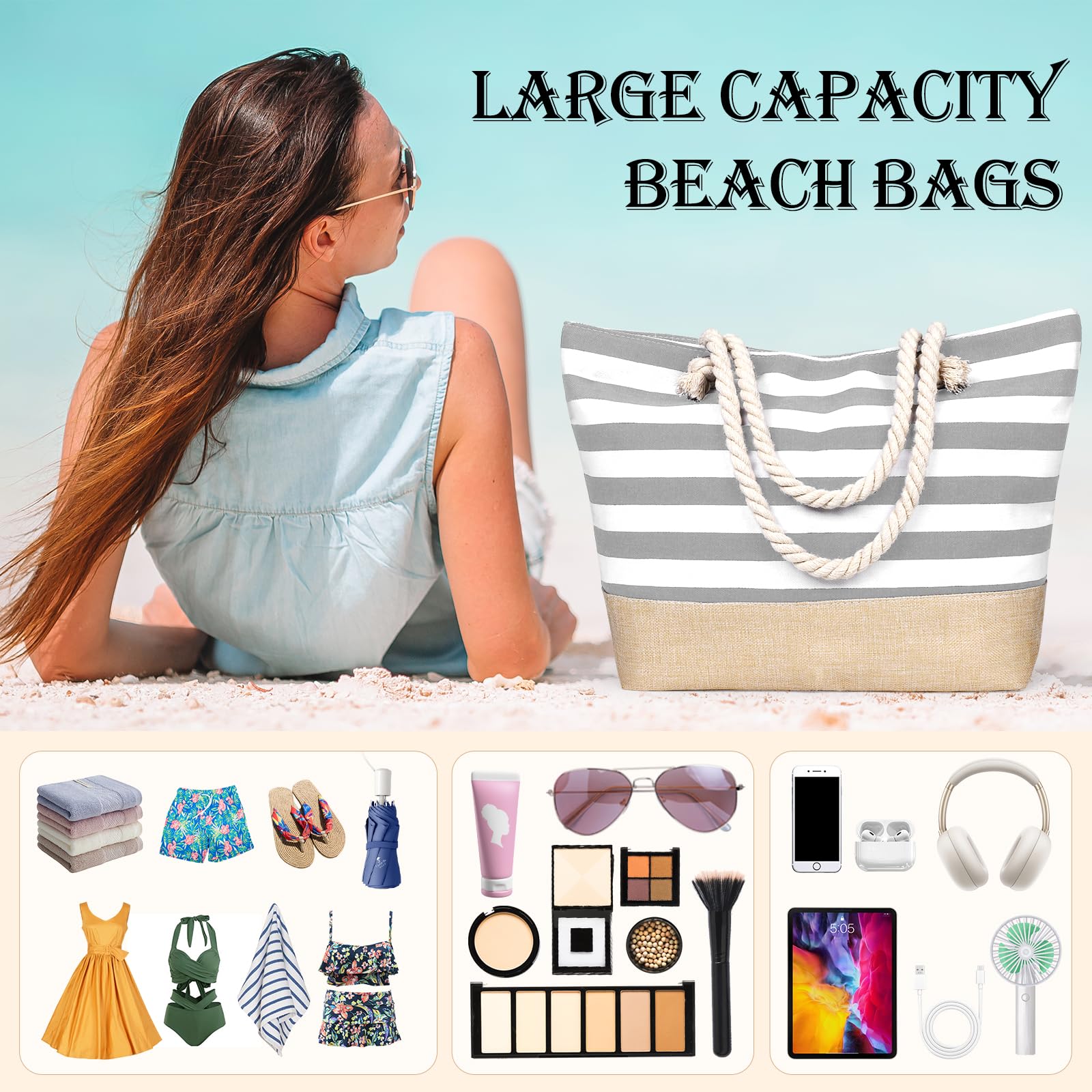 Bolsa de Playa Grande para Mujer, Impermeable Totalizador de Lona de Verano con Cremallera Bolso Tote Beach Bag Bolso Playa Shopper para Viajes Compras Gimnasio, Gris