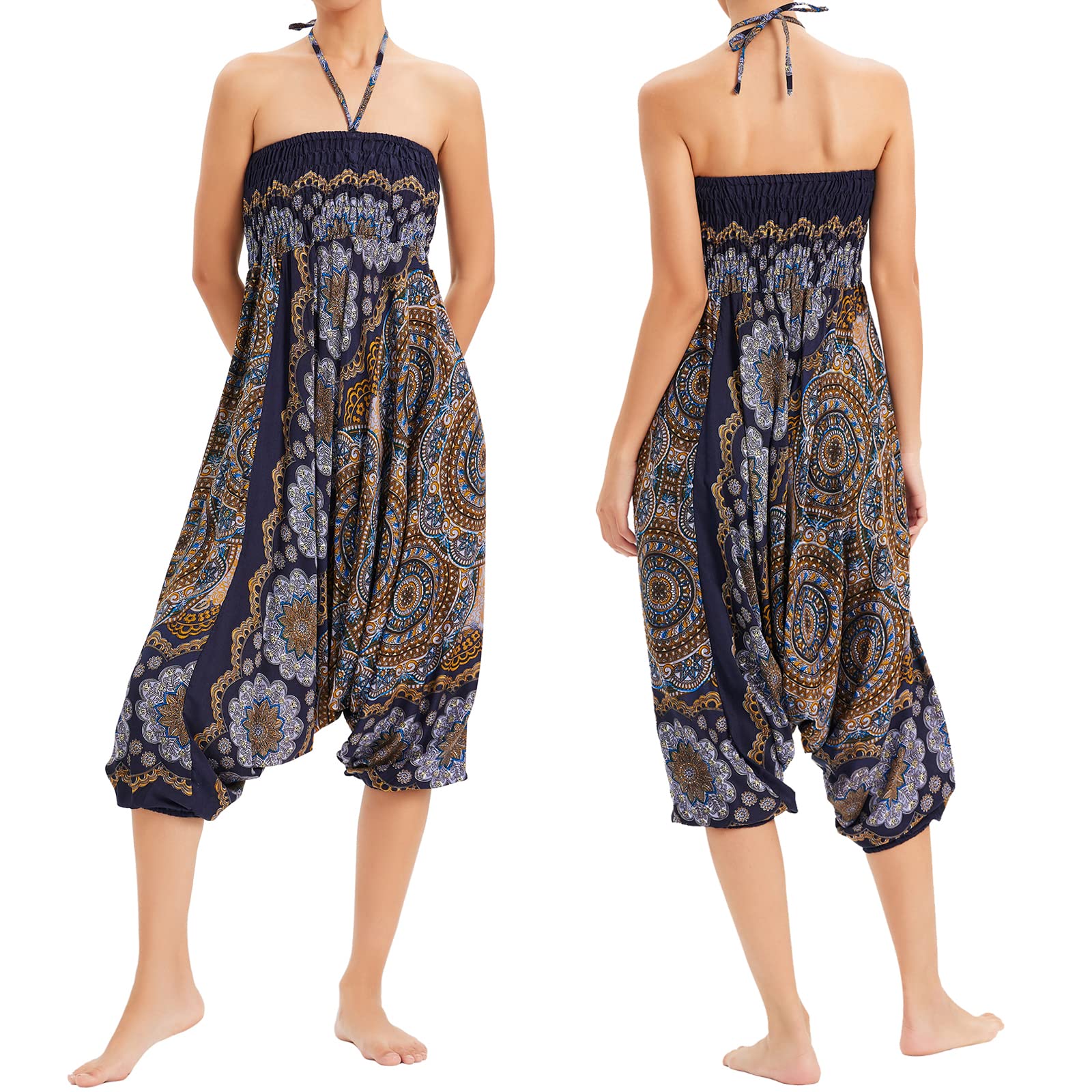 Nuofengkudu Femme Hippie Sarouel Combinaison Pantalon Jumpsuit Taille Haute Large Boheme Fleuri Imprimé Leger Thai Yoga Pants Pyjama Ete Plage