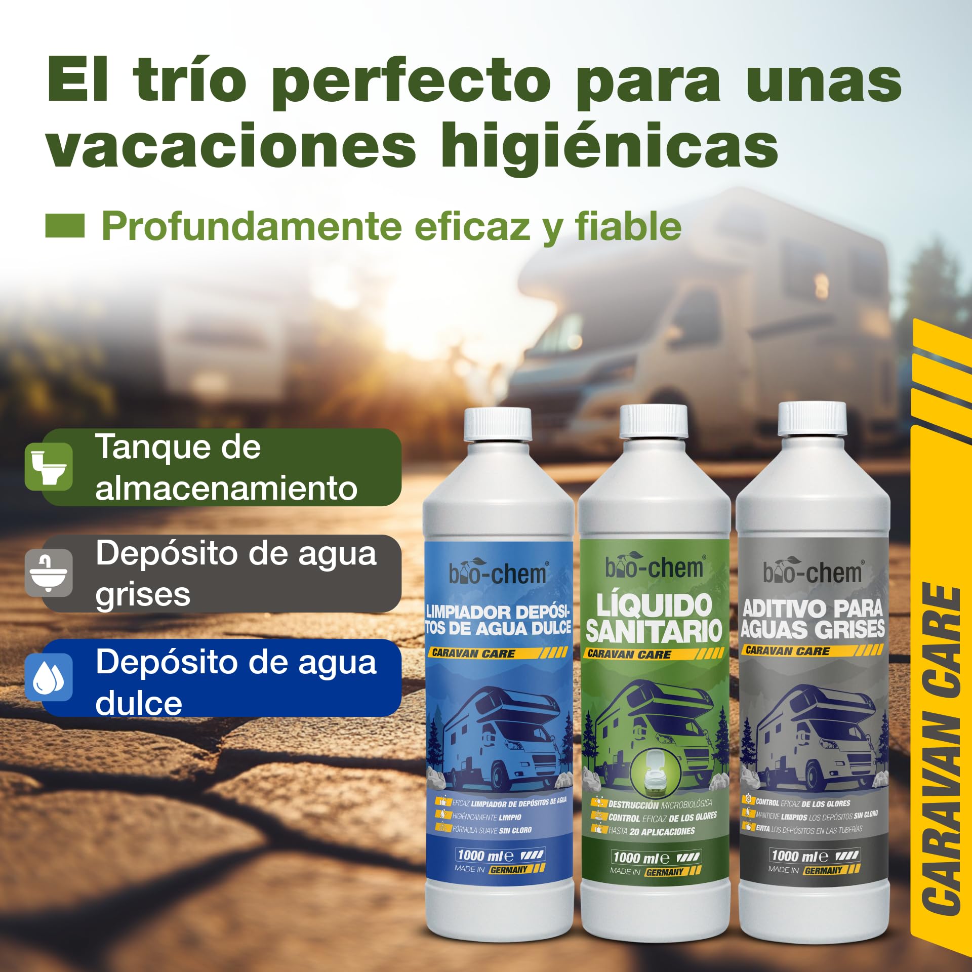 Bio-Chem - Set de 3 Productos de Limpieza para aseos higiénicos de autocaravanas - Limpiador para depósitos de Agua Dulce de caravanas - Limpiador para Aguas Grises - Líquido Sanitario