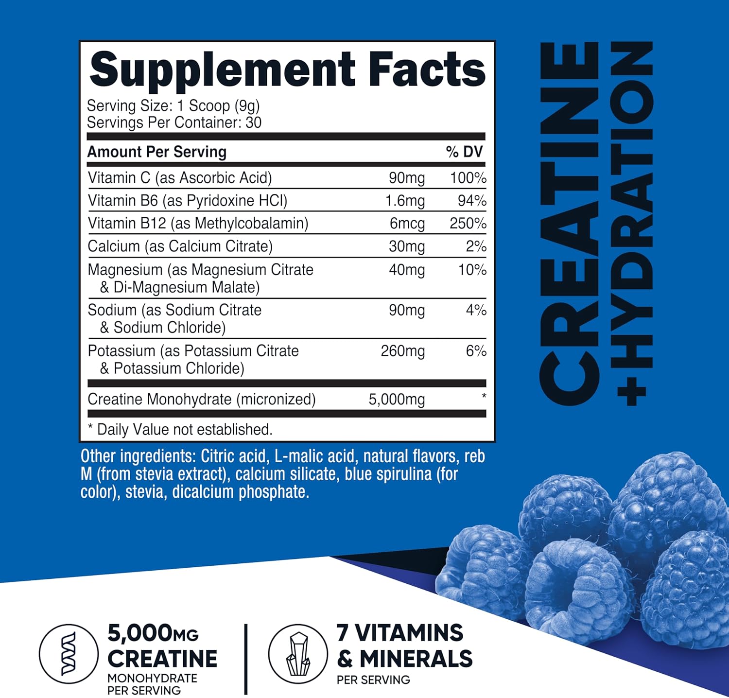 Nutricost Creatine Monohydrate + Hydration Blue Raspberry Flavored (30 Servings) - 7 Vitamins & Minerals, 5000mg of Creatine Per Serving - Image 2