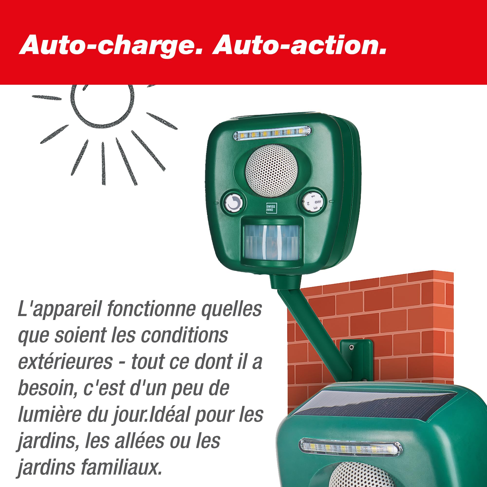 SWISSINNO Répulsif Chat Ultrason Animaux Pro Solaire 150 m² extérieur | Panneau Solaire, Répulsif Ultrasons Animaux, Chiens martres renards, flash LED, sirène, jour et nuit, electrique