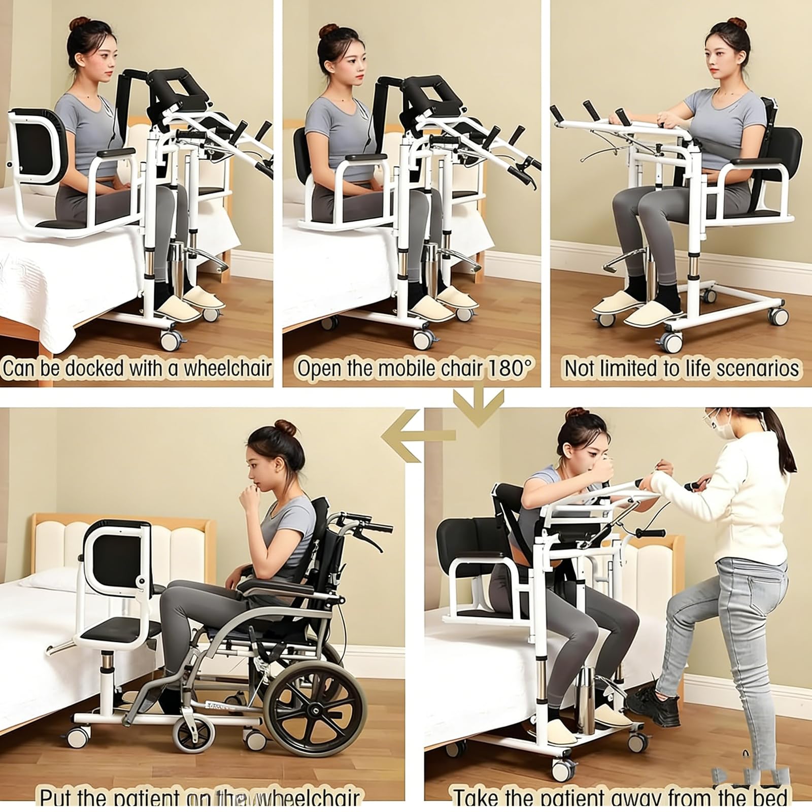 Silla de Transferencia elevadora 5 en 1 para Pacientes Ancianos y Uso doméstico, portátil, con reposapiés de Altura Ajustable, Elevador hidráulico, abatible 180°, soporta hasta 200 kg Orange