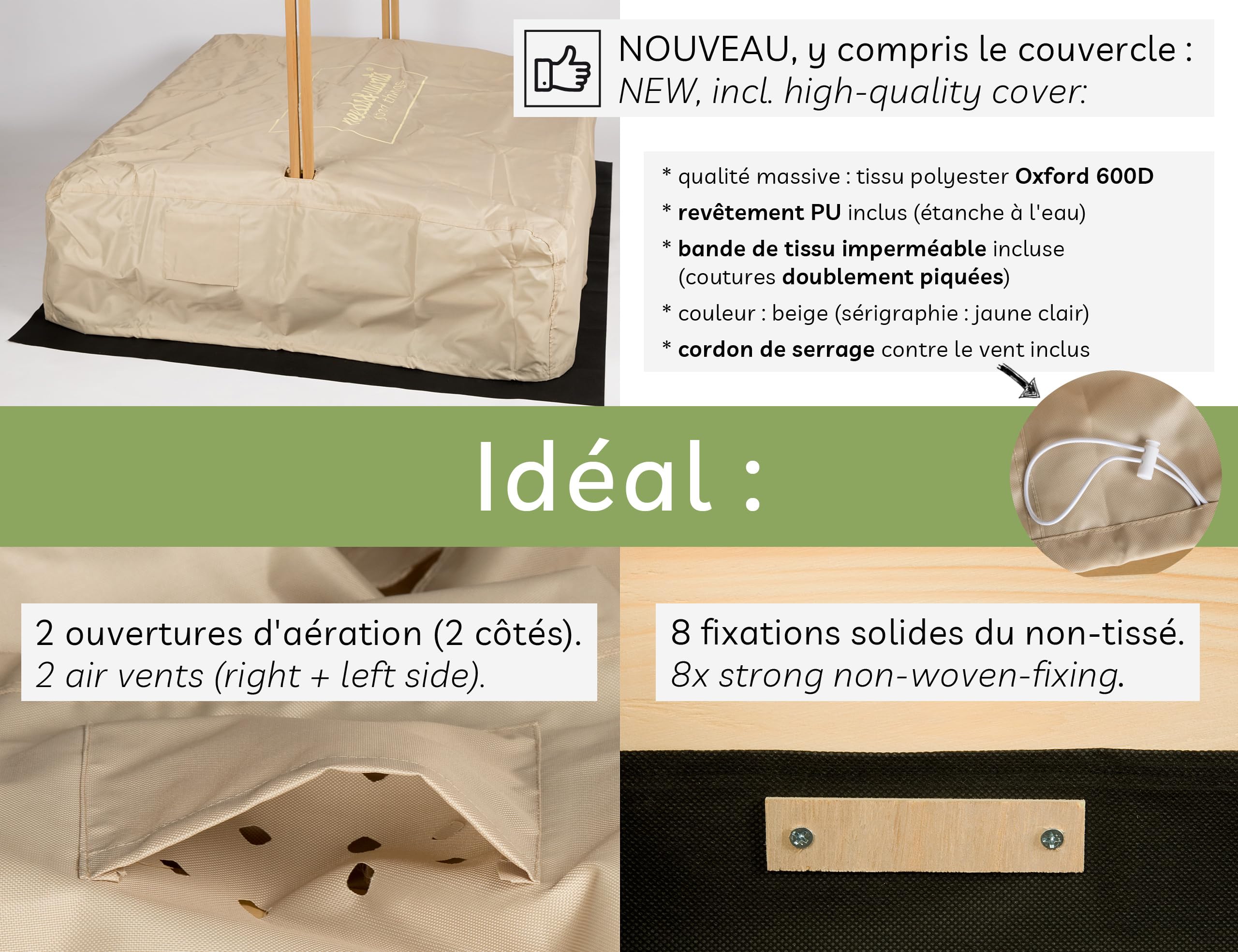 needs&wants® Bac à Sable en Bois avec Couvercle Plastique Oxford 600D pour Enfants, avec Toit refermable, siège, Sol, carré, UV-Protection, rectangulaire extérieur, pour Jardin et Jeux, Jaune Blanc