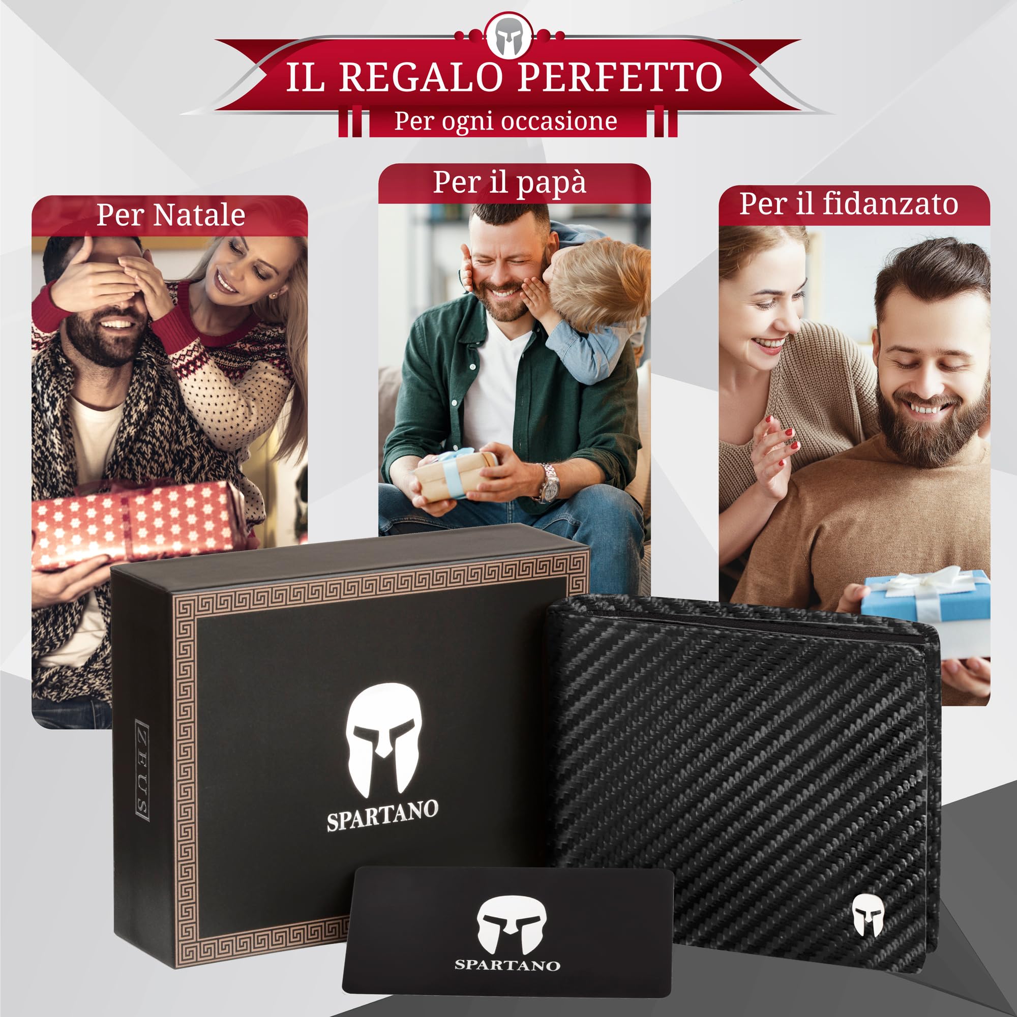 SPARTANO Portafoglio Uomo con Protezione RFID, 11 Slot per Carte Credito, 1 Tasca Portamonete, 2 Scomparti Banconote, 3 Tasche interne - ZEUS (Carbonio)