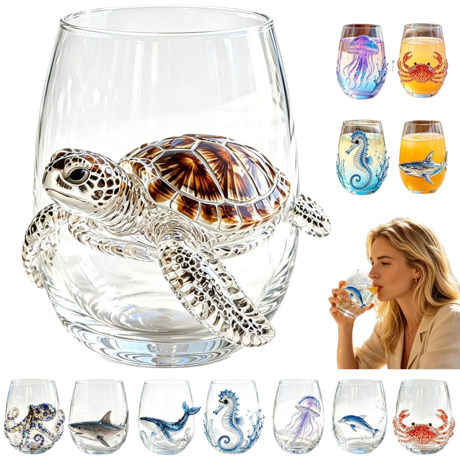 ByteCraft Artisanal Blue Ringed Octopus Glassware, Artistic 3D Octopuses Stemless Wine Glasses, Handcrafted Marine Animal Bar Glass, Coastal Home Decor Gift for Ocean Lovers (Turtle)