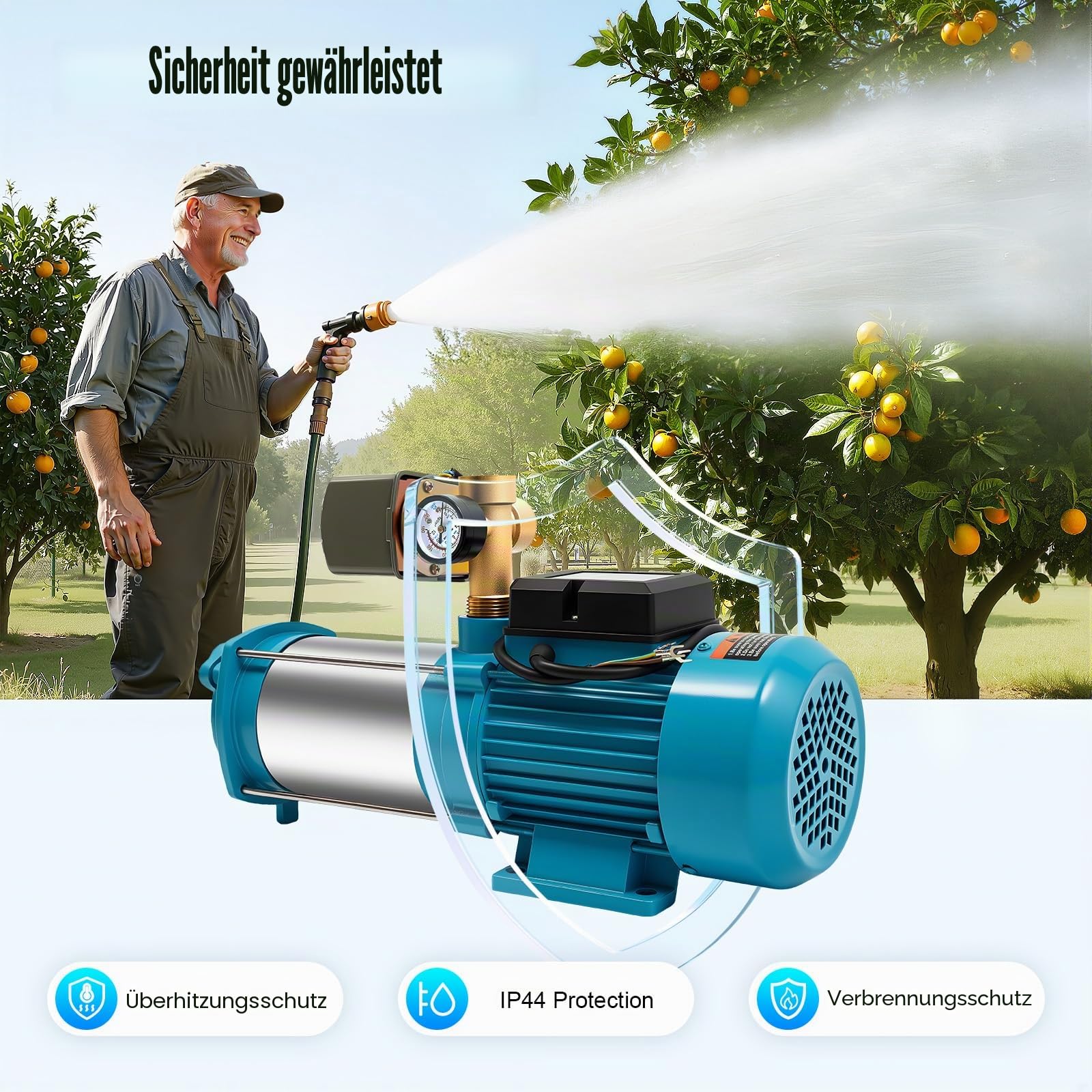 Edelstahl Kreiselpumpe 1300W 4000L/h, Selbstansaugende Gartenpumpe mit 98M Förderhöhe, Hauswasserwerk mit Druckschalter, Gartenbewässerungspumpe für Haushalt und Landwirtschaft