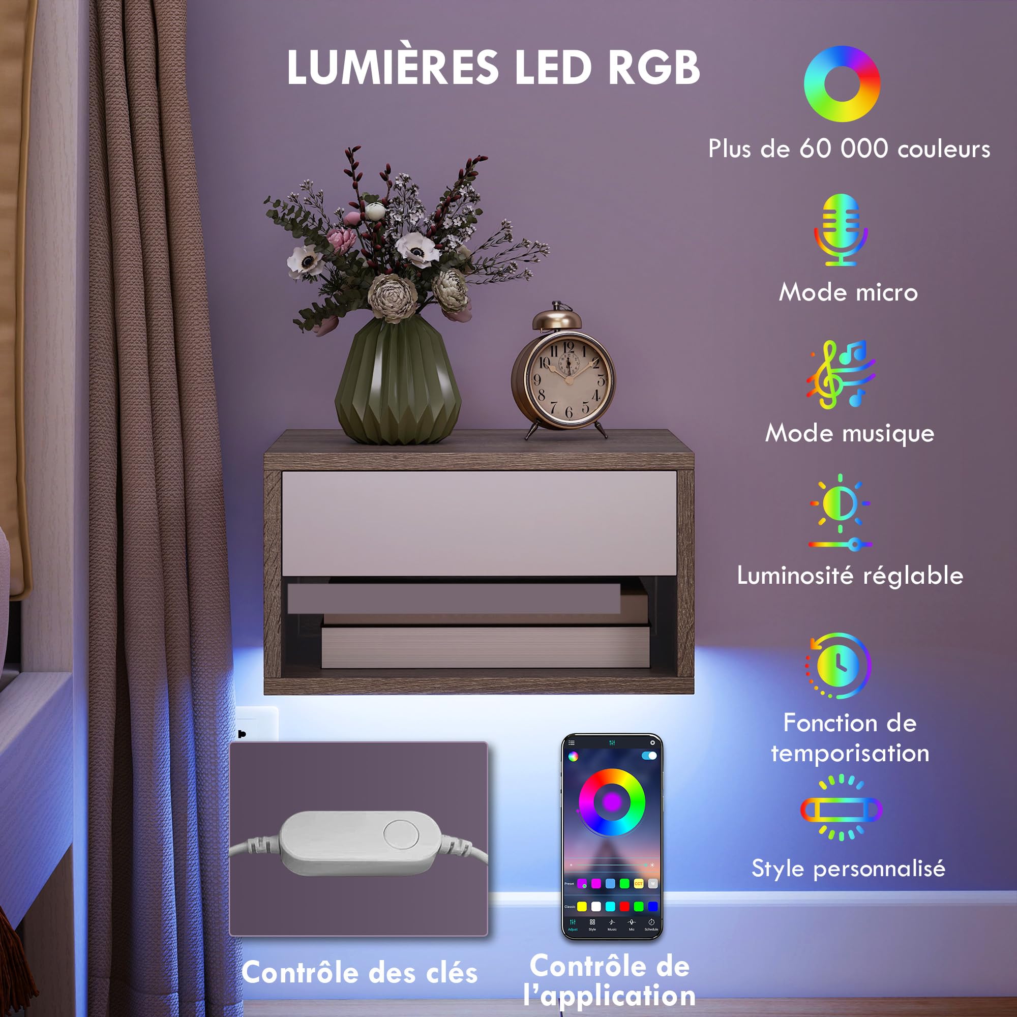 HOMCOM 2er-Set Hängende Nachttische, LED RGB Licht, Teak | App-Steuerung, wandmontierte Nachttische, offenes Fach, 1 Schublade, für Schlafzimmer, Wohnzimmer, 37x32x21cm.