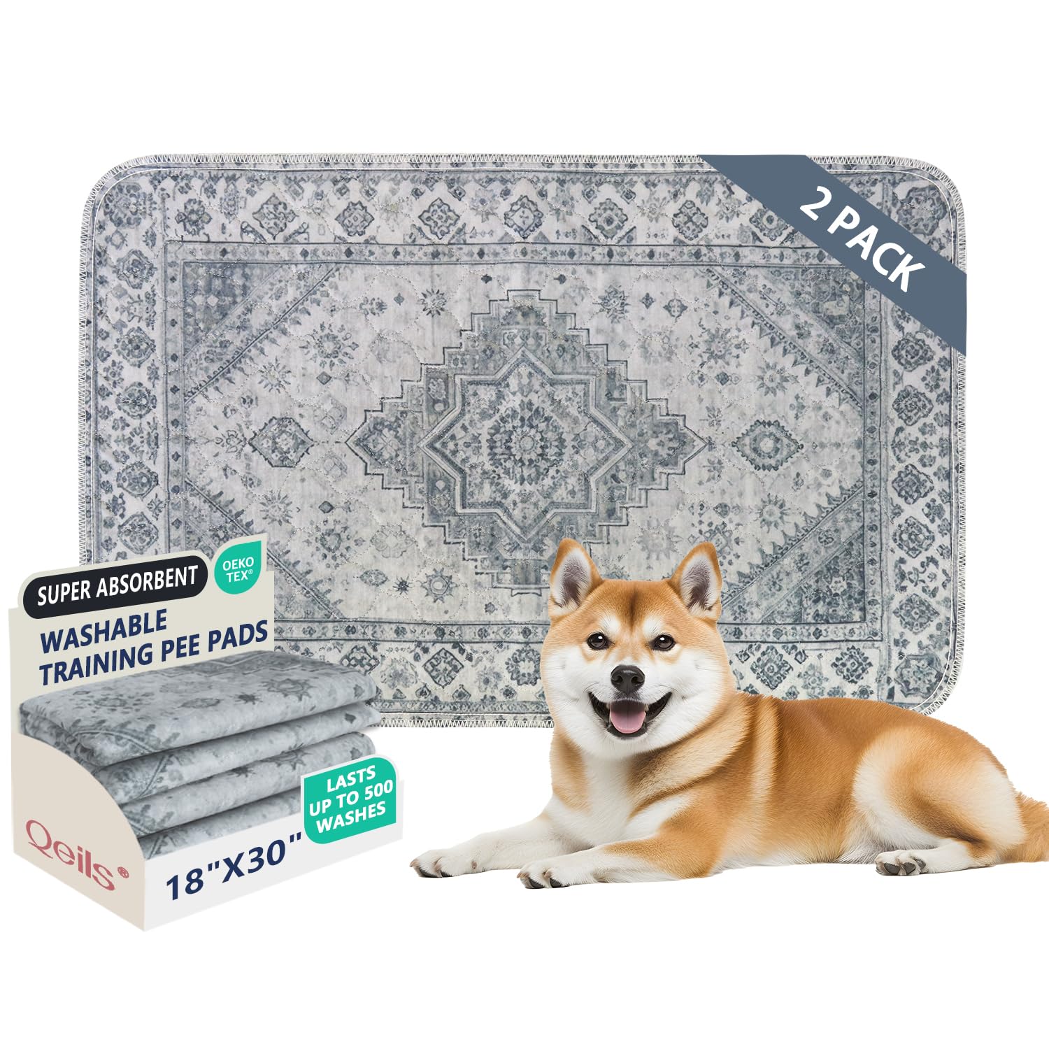 Qeils Washable Pee Pads, Super Absorbent Puppy Pads, 2 Pack 18"x30"