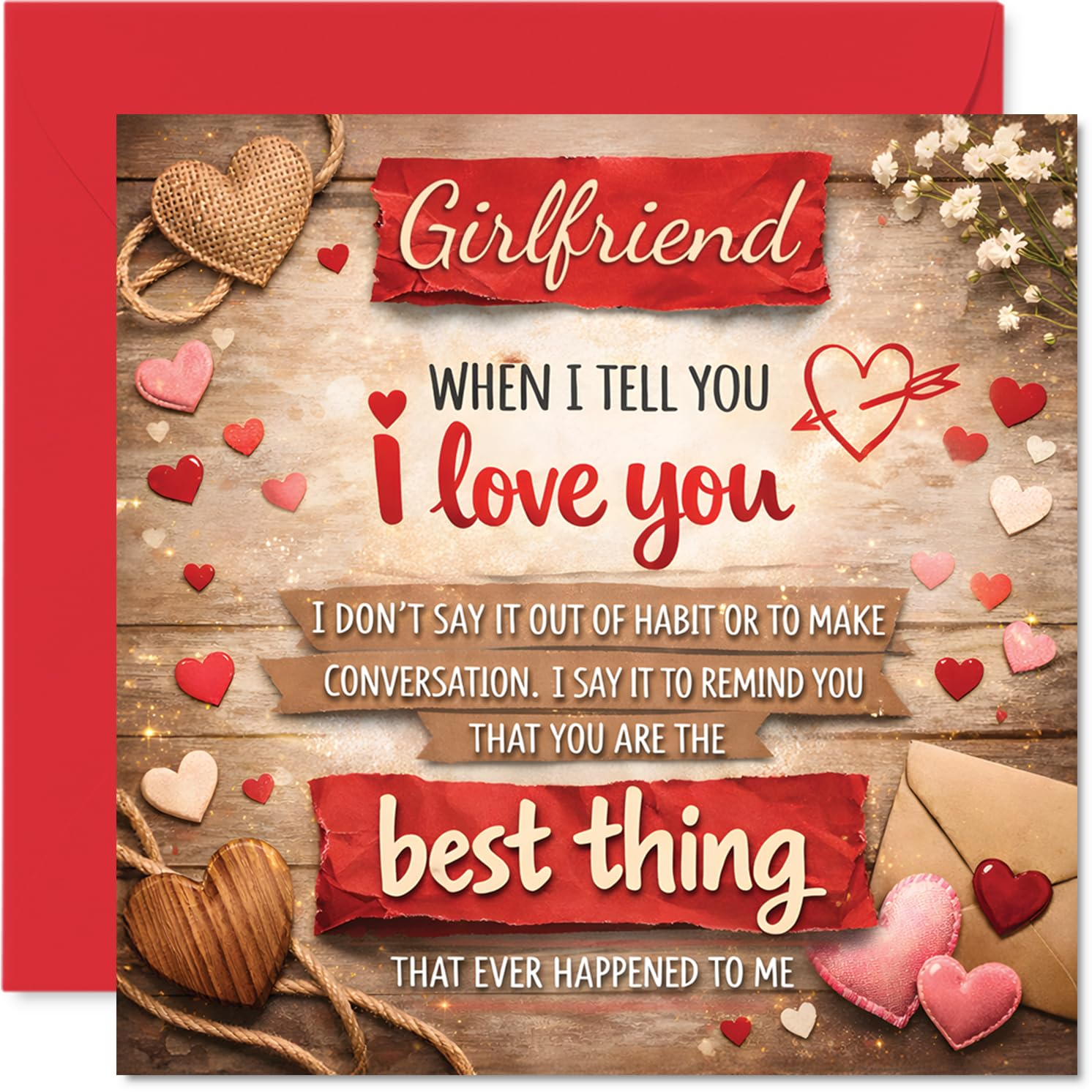 Heartfelt Anniversary Card for Girlfriend - Warm Words for Your Favourite Person - Rustic Hearts Design with Loving Message, Valentine's Day - 145mm Square, Envelope Included