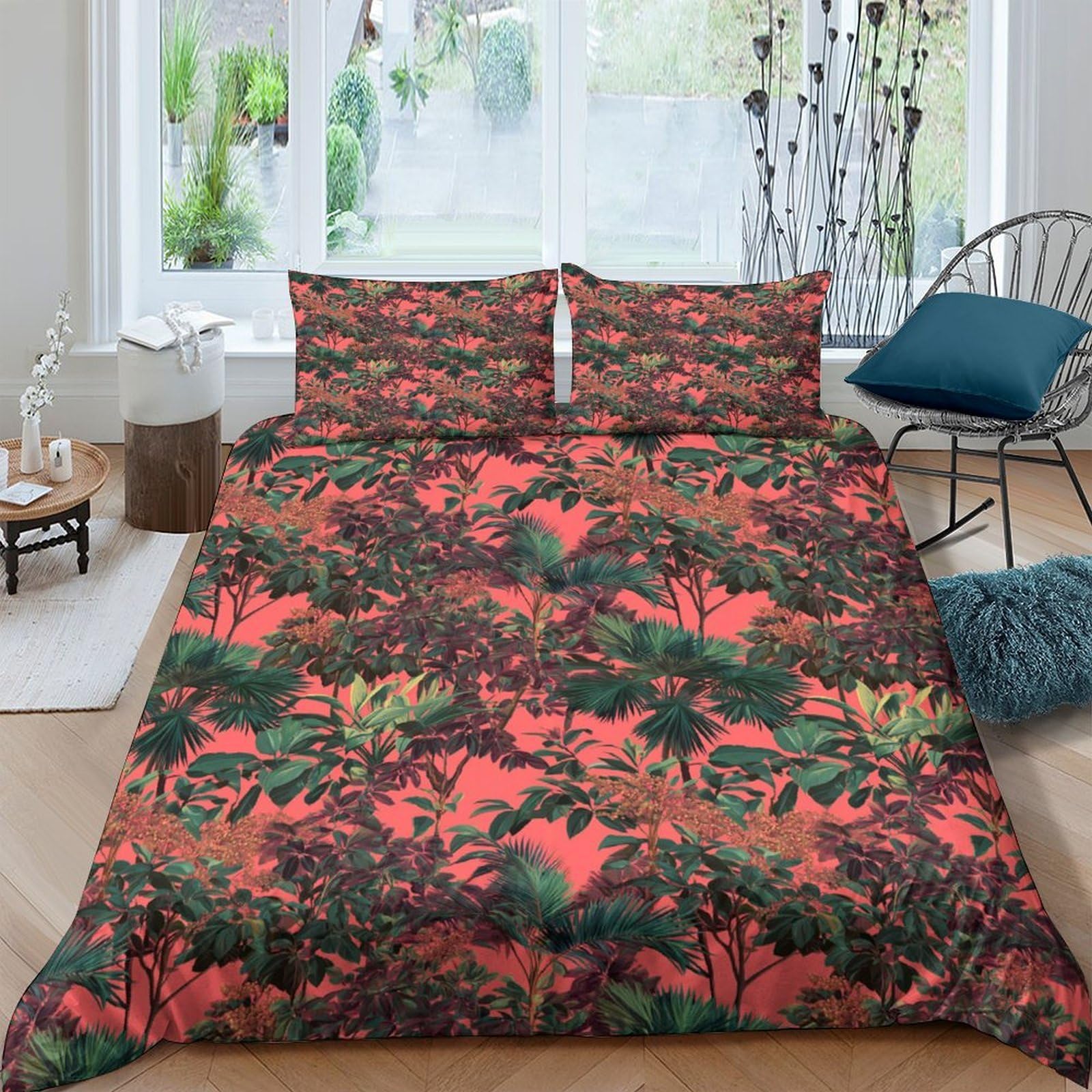 TUFRTGYHN 3D Printed Tropical Jungle Duvet Cover Set Microfiber Soft Breathable Green Red Forest Bedding with 2 Pillowcases Single（135x200cm）