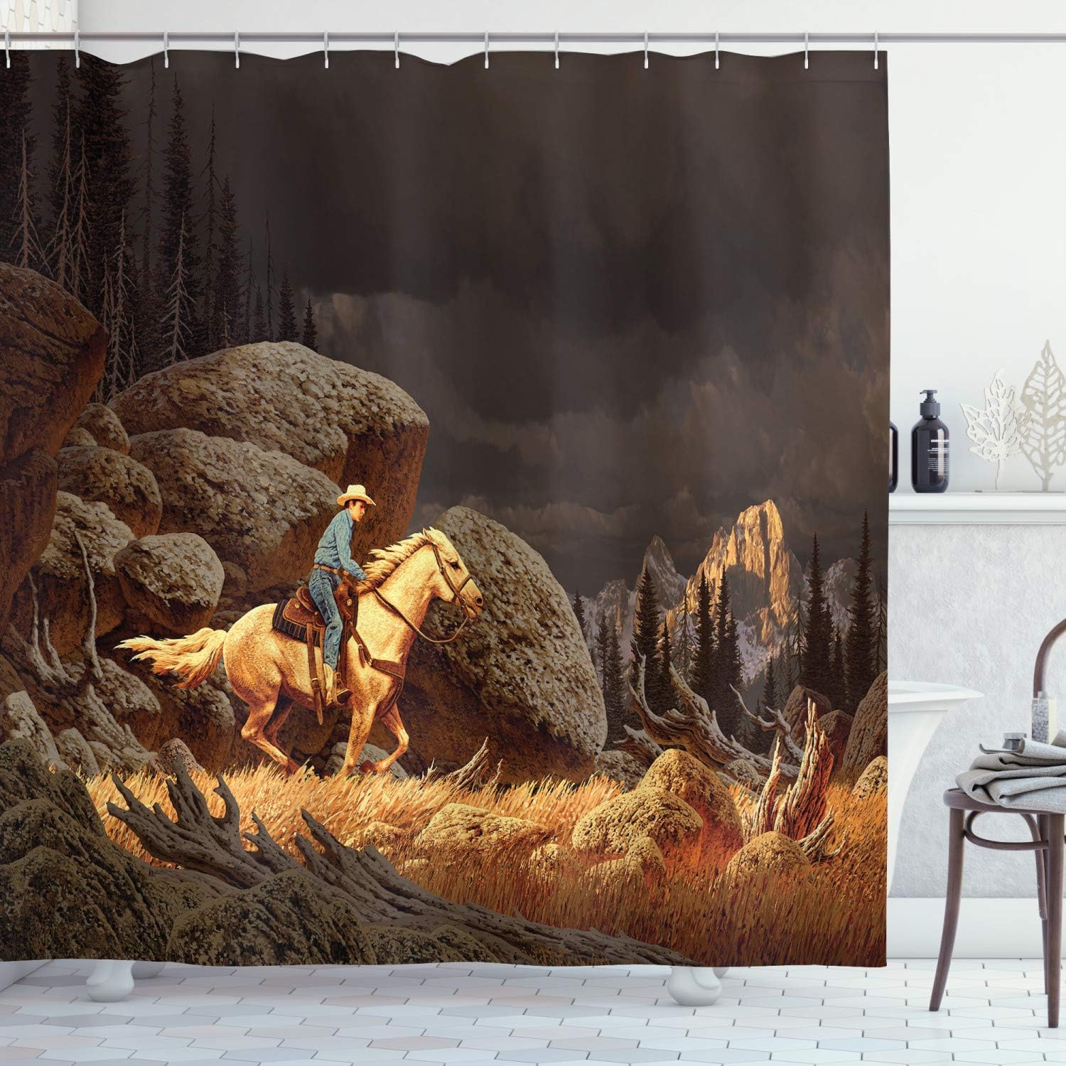 Ambesonne Western Shower Curtain, Rock Mountain Landscape Cowboy Riding Horse NorthmericStyle, Cloth Fabric Bathroom Decor Set with Hooks, 69" W x 75" L, Earth Yellow Grey