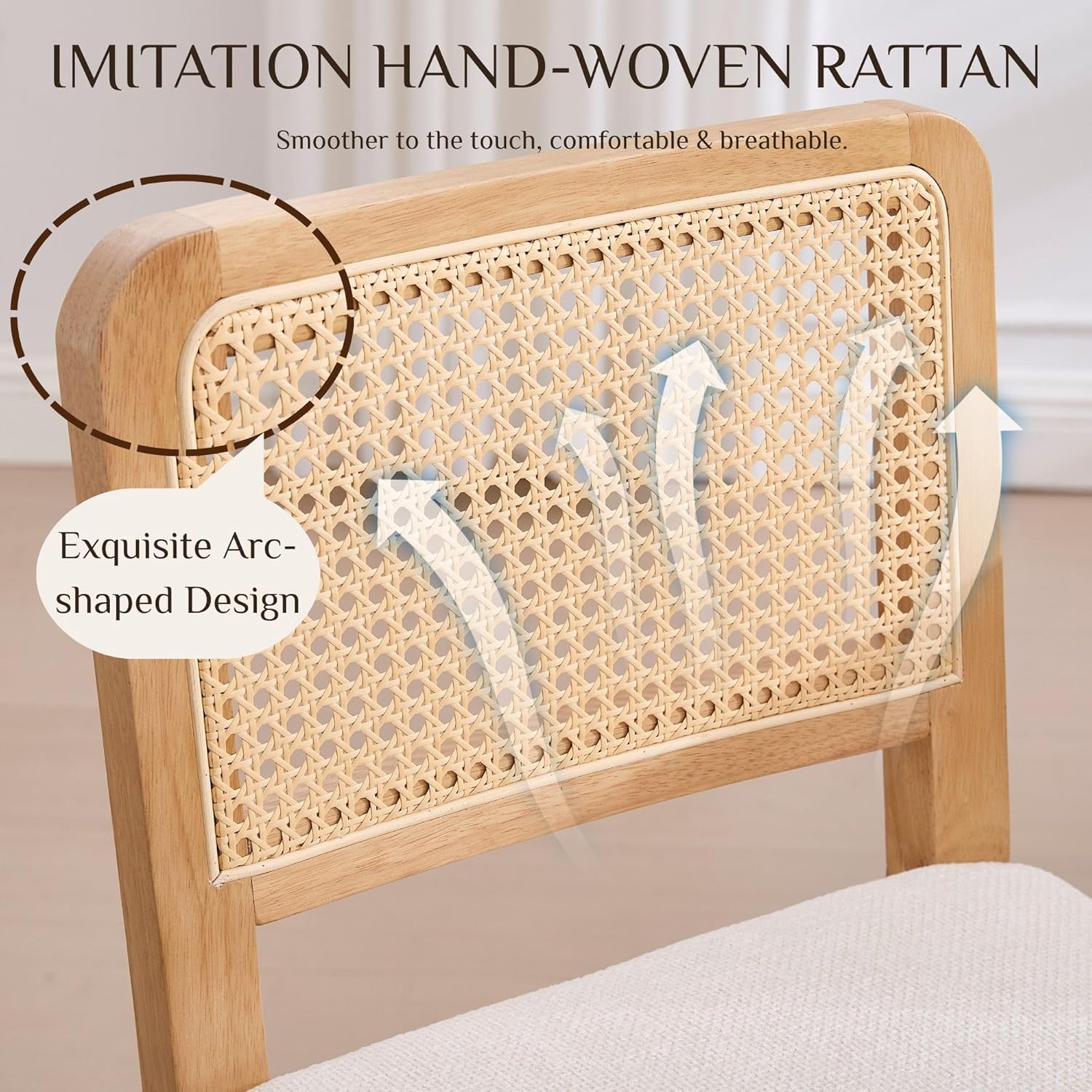 Wahson Counter Height Bar Stools Set of 2, Farmhouse Rattan Bar Stool with Back, Upholstered Wooden Barstools Mid Century Modern Breakfast Bar Chairs for Kitchen Island, Chenille Beige