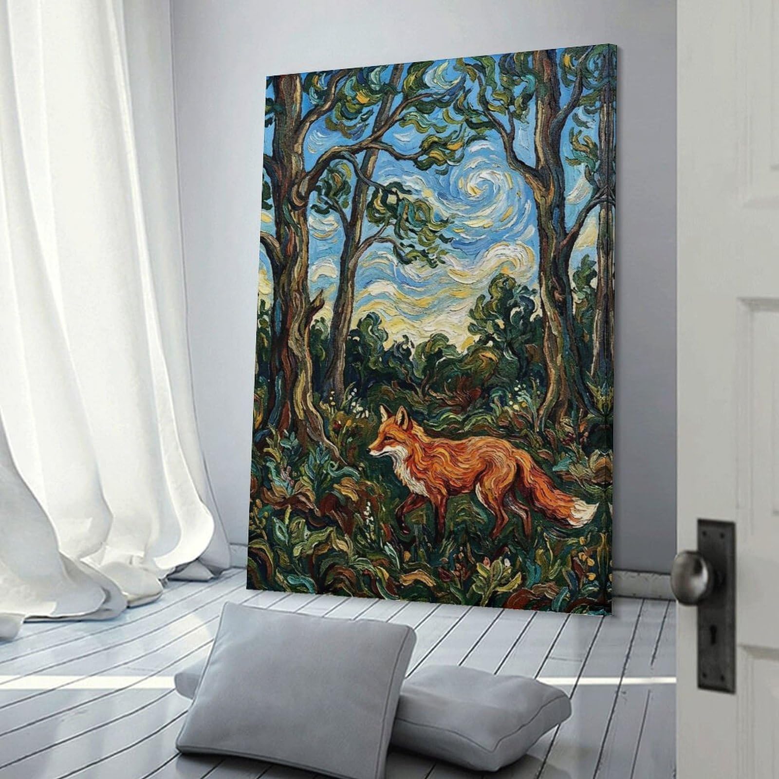 Junmoney Fox in A Van Gogh-style Forest Home Decor Wall Art, 24x36inch(60x90cm), for New Homes, Bedrooms Or Workspaces, Gift Idea for Housewarming And Birthdays